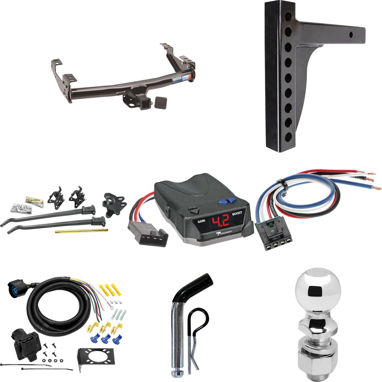 Fits 1988-2000 Chevrolet C15 Trailer Hitch Tow PKG w/ 12K Trunnion Bar Weight Distribution Hitch + Pin/Clip + 2-5/16" Ball + Tekonsha BRAKE-EVN Brake Control + Generic BC Wiring Adapter + 7-Way RV Wiring (For 2 Dr. Regular & Extended Cabs w/8 ft. Bed