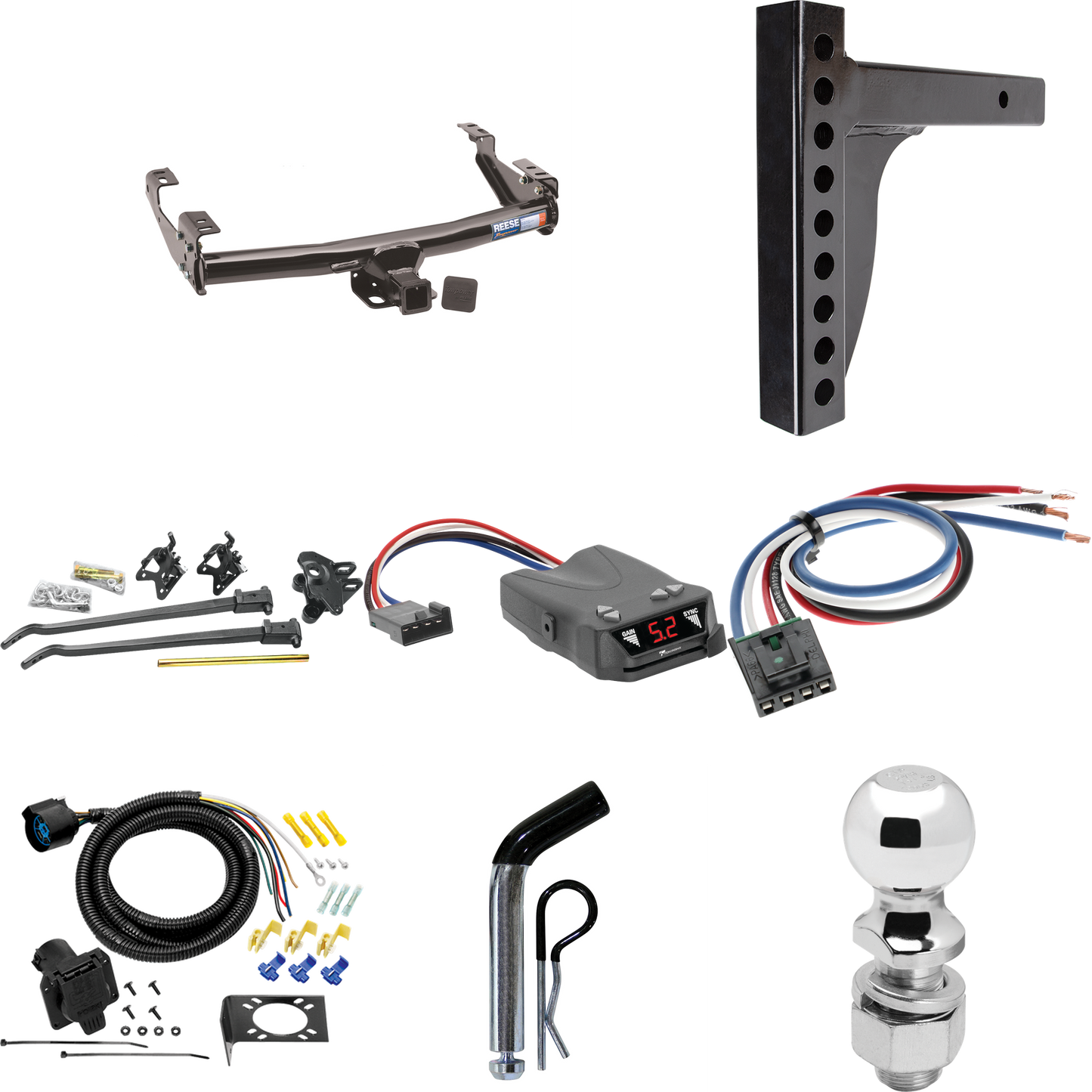 Fits 1988-2000 Chevrolet C3500 Trailer Hitch Tow PKG w/ 12K Trunnion Bar Weight Distribution Hitch + Pin/Clip + 2-5/16" Ball + Tekonsha Brakeman IV Brake Control + Generic BC Wiring Adapter + 7-Way RV Wiring (For 2 Dr. Regular & Extended Cabs w/8 ft.