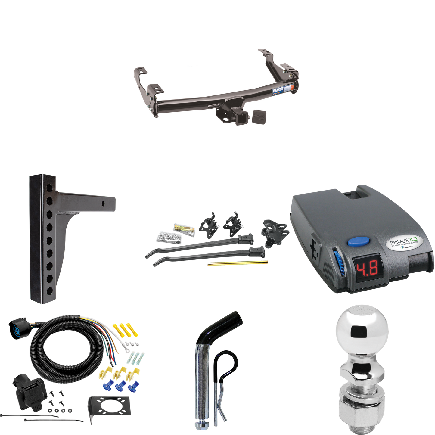 Fits 1988-1999 GMC K1500 Trailer Hitch Tow PKG w/ 12K Trunnion Bar Weight Distribution Hitch + Pin/Clip + 2-5/16" Ball + Tekonsha Primus IQ Brake Control + 7-Way RV Wiring (For 2 Dr. Regular & Extended Cabs w/8 ft. Bed Models) By Reese Towpower