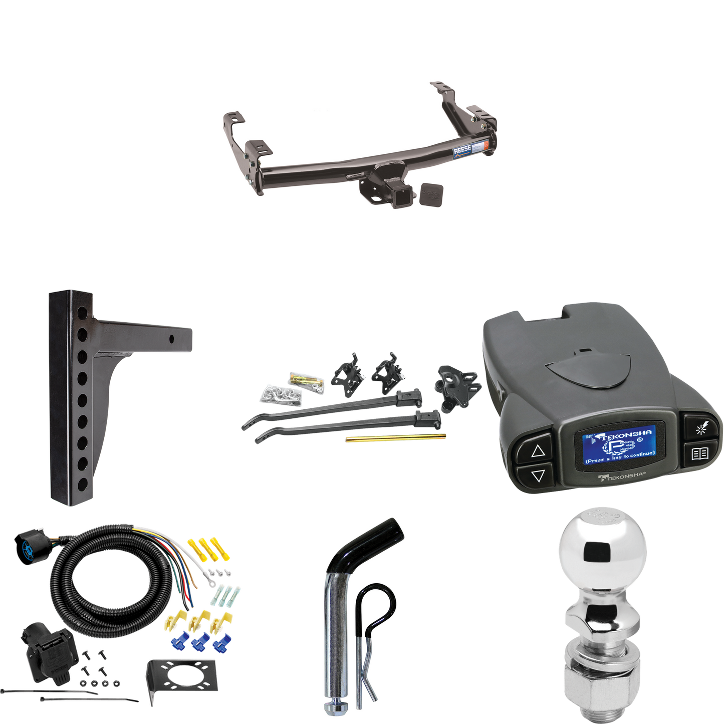 Fits 1992-2000 Chevrolet C3500 Trailer Hitch Tow PKG w/ 12K Trunnion Bar Weight Distribution Hitch + Pin/Clip + 2-5/16" Ball + Tekonsha Prodigy P3 Brake Control + 7-Way RV Wiring (For 4 Dr. Crew Cab w/8 ft. Bed Models) By Reese Towpower