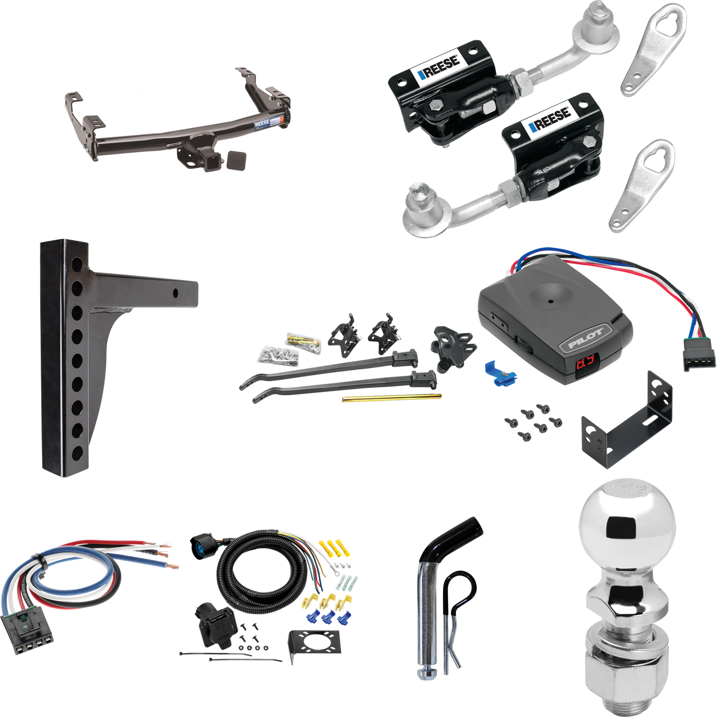 Fits 1995-2001 Dodge Ram 4000 Trailer Hitch Tow PKG w/ 12K Trunnion Bar Weight Distribution Hitch + Pin/Clip + Dual Cam Sway Control + 2-5/16" Ball + Pro Series Pilot Brake Control + Generic BC Wiring Adapter + 7-Way RV Wiring By Reese Towpower