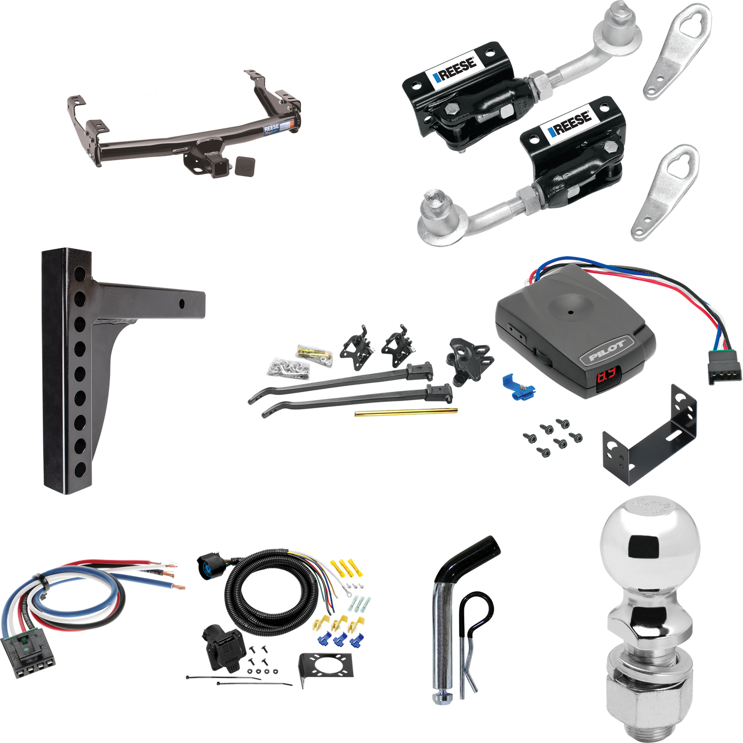 Fits 1992-2000 GMC K3500 Trailer Hitch Tow PKG w/ 12K Trunnion Bar Weight Distribution Hitch + Pin/Clip + Dual Cam Sway Control + 2-5/16" Ball + Pro Series Pilot Brake Control + Generic BC Wiring Adapter + 7-Way RV Wiring (For 4 Dr. Crew Cab w/8 ft.