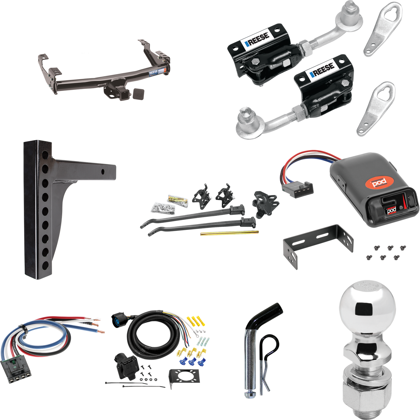 Fits 1992-2000 Chevrolet C1500 Trailer Hitch Tow PKG w/ 12K Trunnion Bar Weight Distribution Hitch + Pin/Clip + Dual Cam Sway Control + 2-5/16" Ball + Pro Series POD Brake Control + Generic BC Wiring Adapter + 7-Way RV Wiring (For 4 Dr. Crew Cab w/8