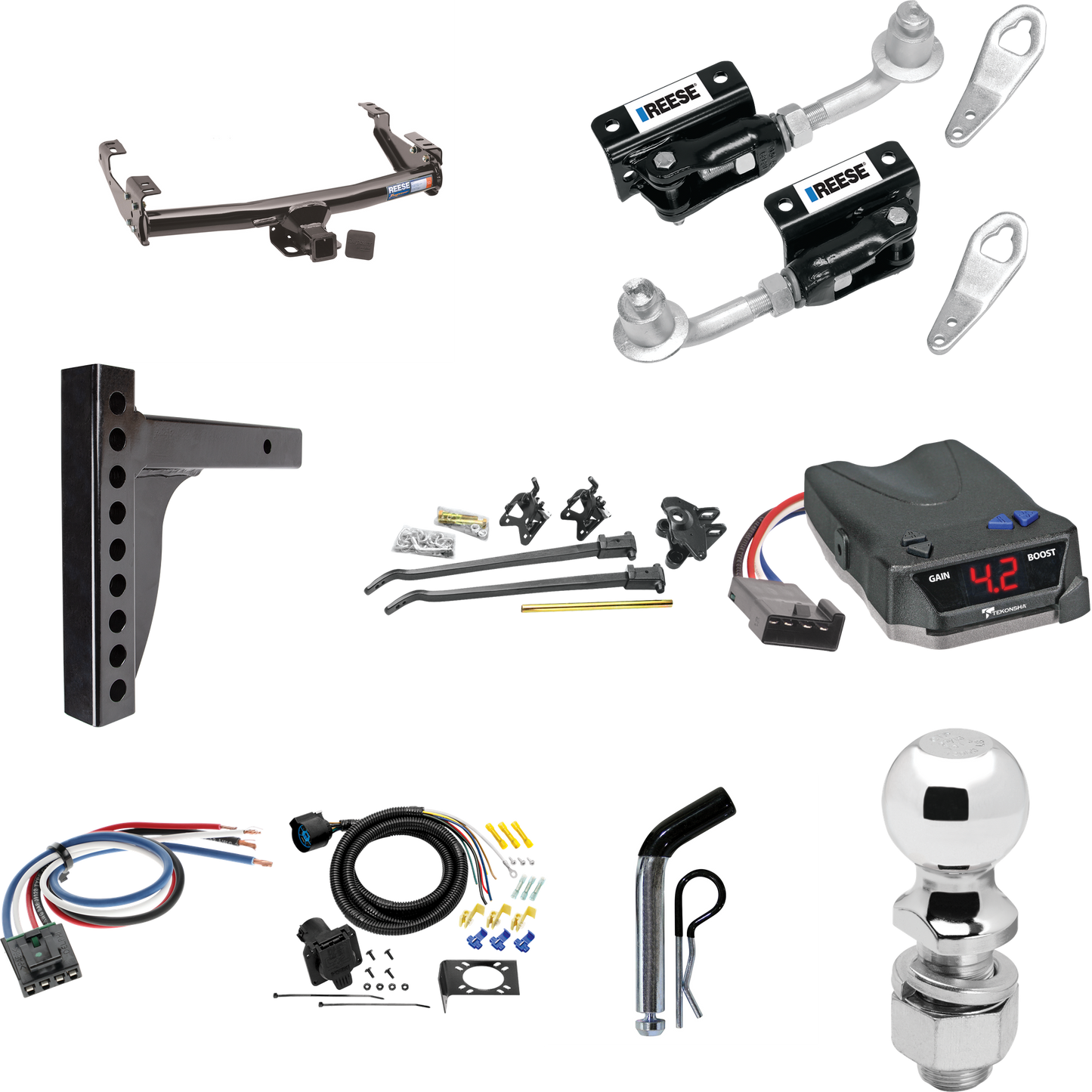 Fits 1988-2000 GMC C3500 Trailer Hitch Tow PKG w/ 12K Trunnion Bar Weight Distribution Hitch + Pin/Clip + Dual Cam Sway Control + 2-5/16" Ball + Tekonsha BRAKE-EVN Brake Control + Generic BC Wiring Adapter + 7-Way RV Wiring (For 2 Dr. Regular & Exten