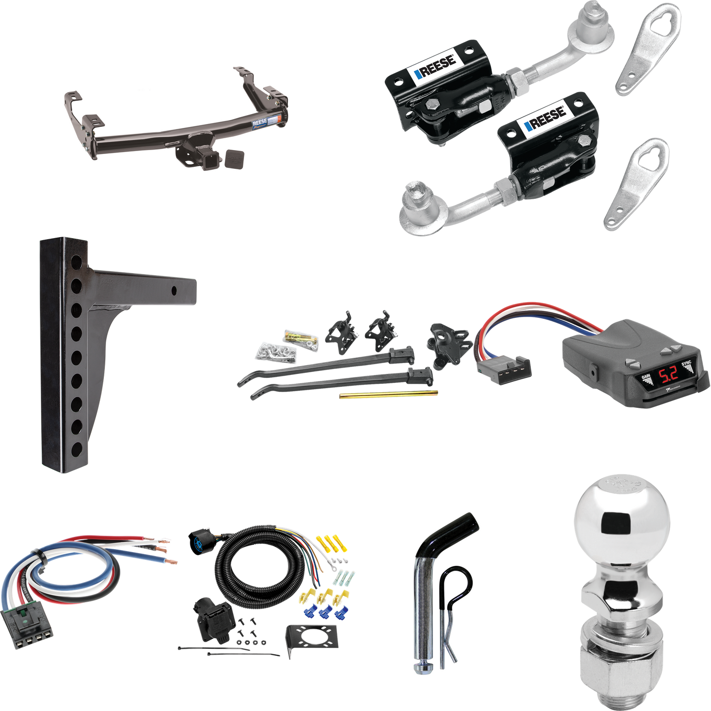 Fits 1988-2000 GMC K2500 Trailer Hitch Tow PKG w/ 12K Trunnion Bar Weight Distribution Hitch + Pin/Clip + Dual Cam Sway Control + 2-5/16" Ball + Tekonsha Brakeman IV Brake Control + Generic BC Wiring Adapter + 7-Way RV Wiring (For 2 Dr. Regular & Ext