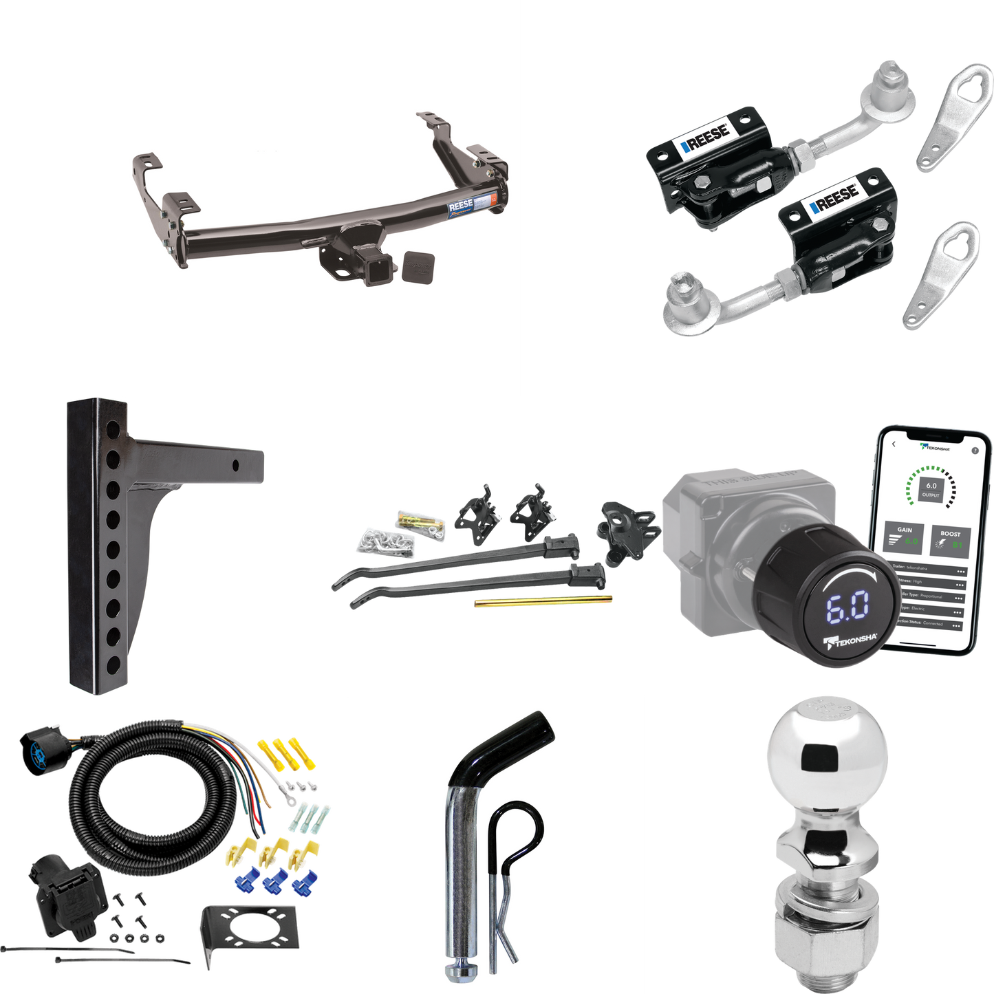 Fits 1992-2000 Chevrolet C3500 Trailer Hitch Tow PKG w/ 12K Trunnion Bar Weight Distribution Hitch + Pin/Clip + Dual Cam Sway Control + 2-5/16" Ball + Tekonsha Prodigy iD Bluetooth Wireless Brake Control + 7-Way RV Wiring (For 4 Dr. Crew Cab w/8 ft.