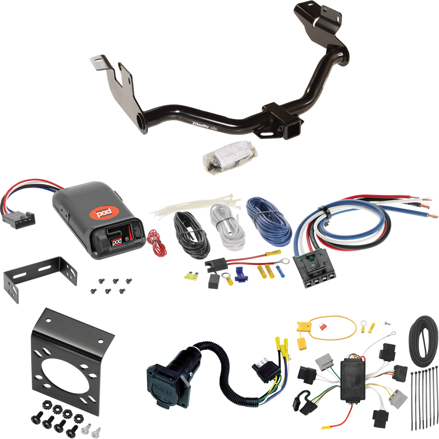 Se adapta al paquete de enganche de remolque Mazda Tribute 2005-2006 con control de freno POD Pro Series + adaptador de cableado BC genérico + cableado RV de 7 vías de Draw-Tite