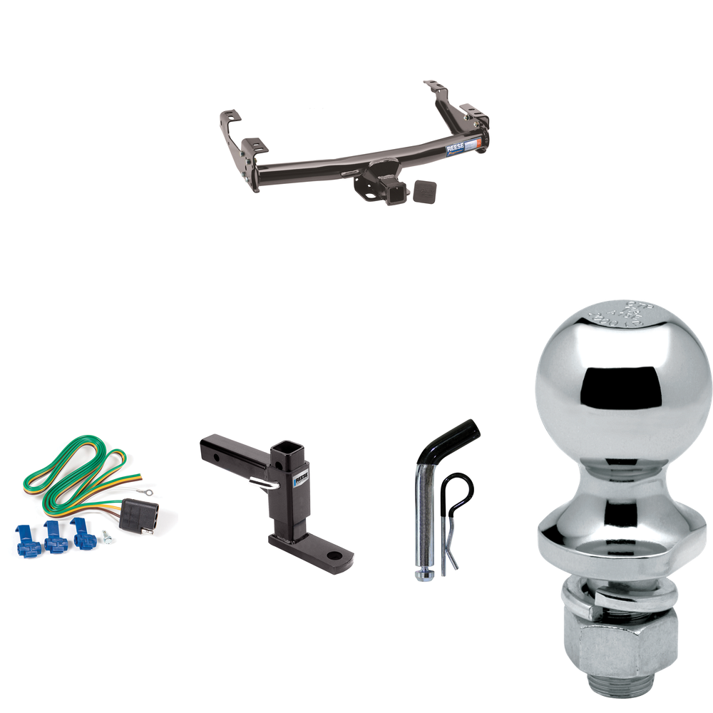 Fits 1999-2004 Ford F-250 Super Duty Trailer Hitch Tow PKG w/ 4-Flat Wiring + Adjustable Drop Rise Ball Mount + Pin/Clip + 1-7/8" Ball (Excludes: Cab & Chassis Models) By Reese Towpower