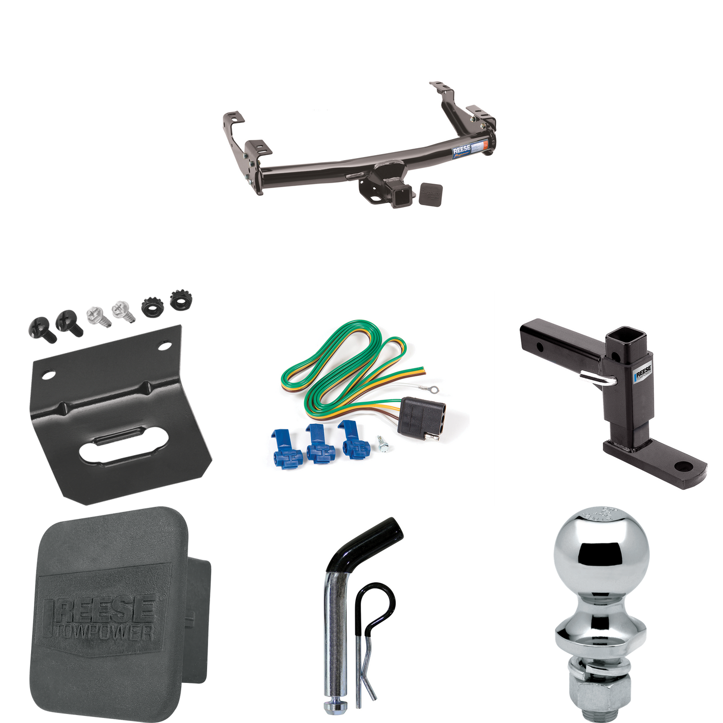 Fits 1988-1999 Chevrolet K1500 Trailer Hitch Tow PKG w/ 4-Flat Wiring + Adjustable Drop Rise Ball Mount + Pin/Clip + 1-7/8" Ball + Wiring Bracket + Hitch Cover (For 2 Dr. Regular & Extended Cabs w/6 ft. Bed Models) By Reese Towpower