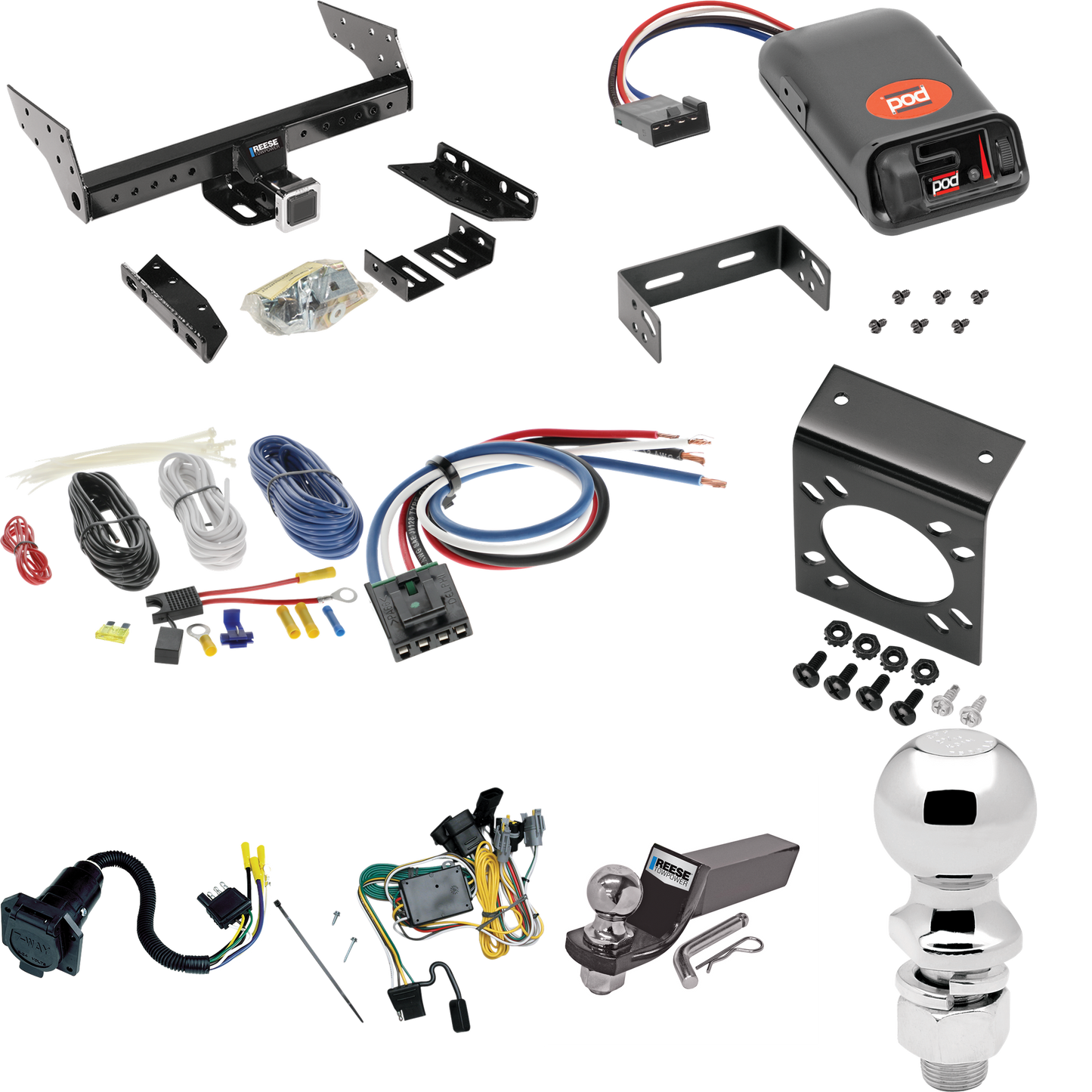 Fits 2001-2003 Mazda Tribute Trailer Hitch Tow PKG w/ Pro Series POD Brake Control + Generic BC Wiring Adapter + 7-Way RV Wiring + 2" & 2-5/16" Ball & Drop Mount By Reese Towpower