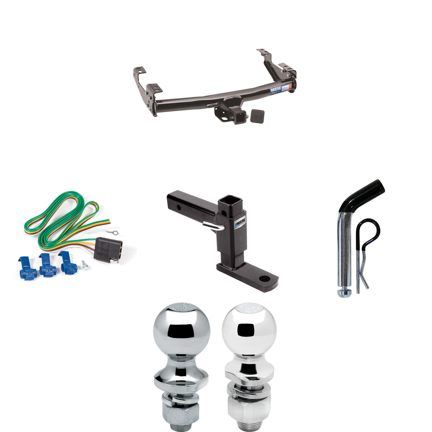 Fits 1992-2000 GMC C2500 Trailer Hitch Tow PKG w/ 4-Flat Wiring + Adjustable Drop Rise Ball Mount + Pin/Clip + 2" Ball + 1-7/8" Ball (For 4 Dr. Crew Cab w/8 ft. Bed Models) By Reese Towpower