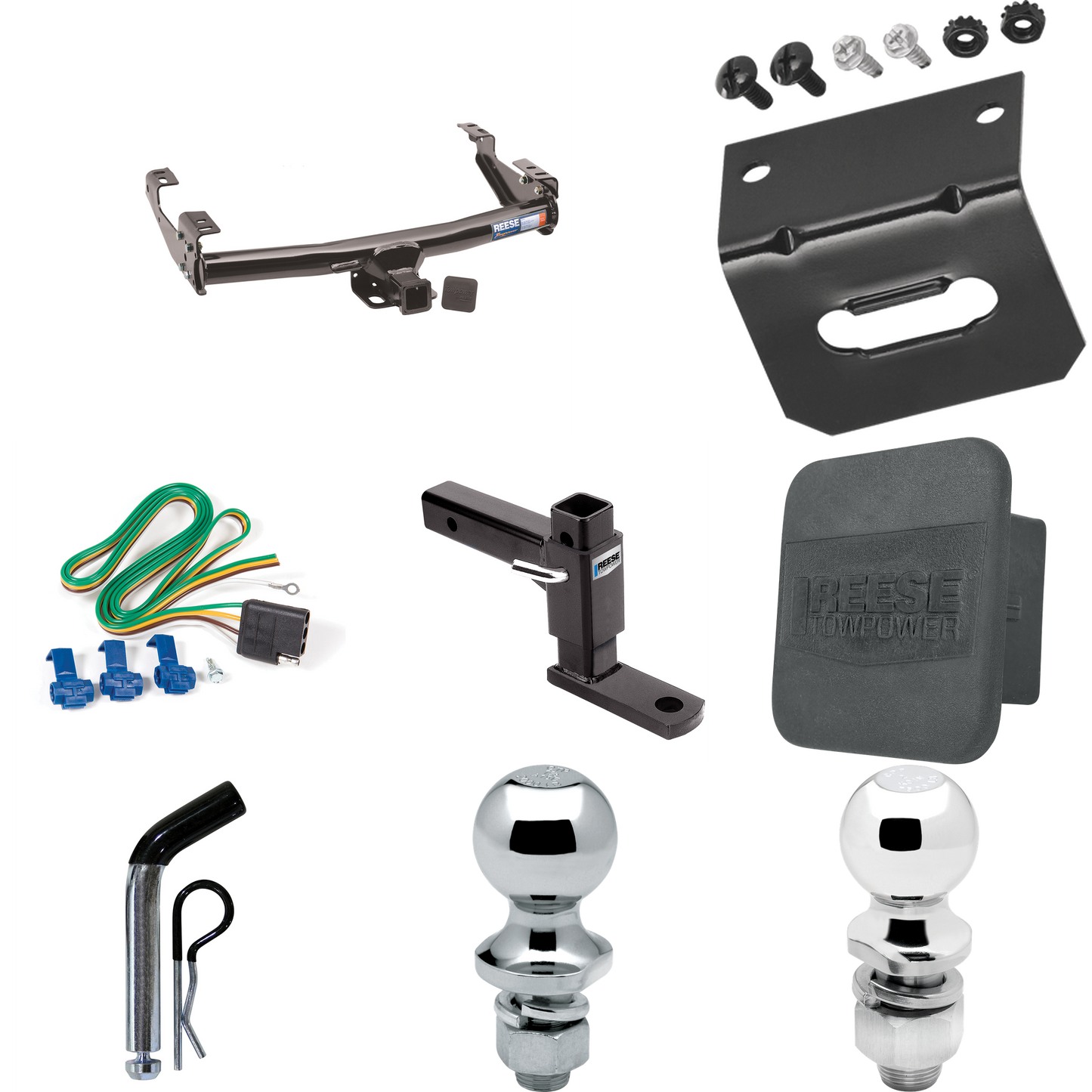 Fits 1988-2000 Chevrolet C15 Trailer Hitch Tow PKG w/ 4-Flat Wiring + Adjustable Drop Rise Ball Mount + Pin/Clip + 2" Ball + 1-7/8" Ball + Wiring Bracket + Hitch Cover (For 2 Dr. Regular & Extended Cabs w/6 ft. Bed Models) By Reese Towpower