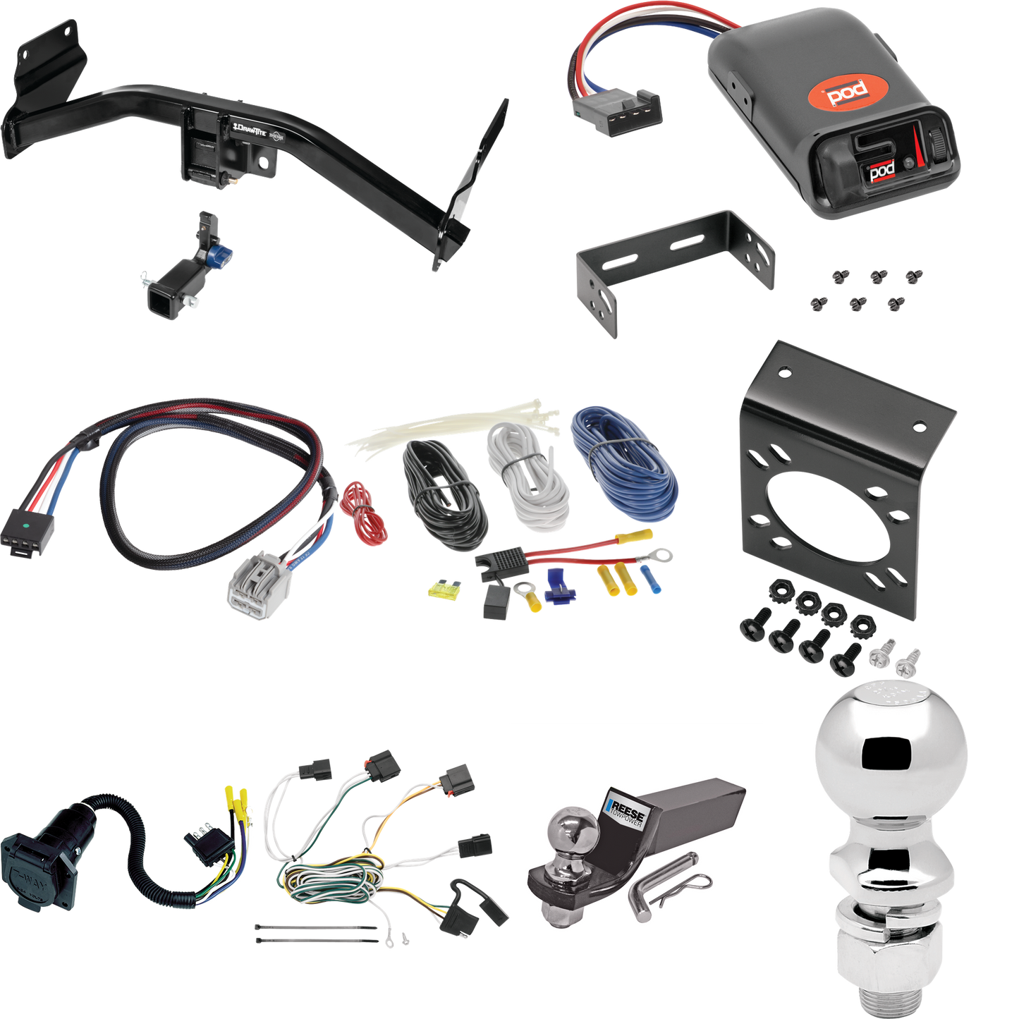 Se adapta al paquete de enganche de remolque oculto Jeep Grand Cherokee 2011-2013 con control de freno POD serie Pro + adaptador BC Plug &amp; Play + cableado RV de 7 vías + soporte de bola y caída de 2" y 2-5/16" de Draw-Tite