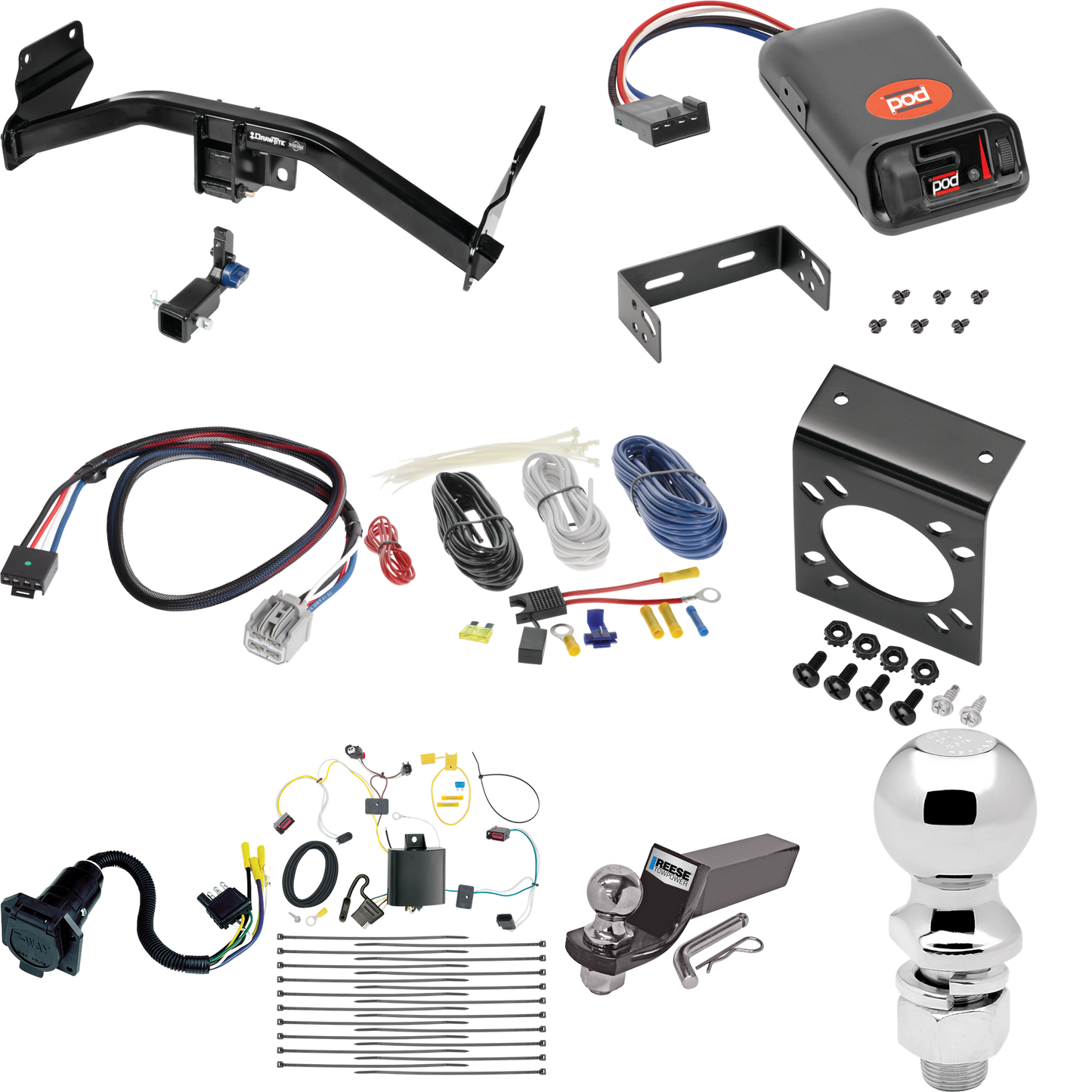 Se adapta al paquete de enganche de remolque oculto Jeep Grand Cherokee WK 2022-2023 con control de freno POD serie Pro + adaptador BC Plug &amp; Play + cableado RV de 7 vías + soporte de bola y caída de 2" y 2-5/16" de Draw-Tite