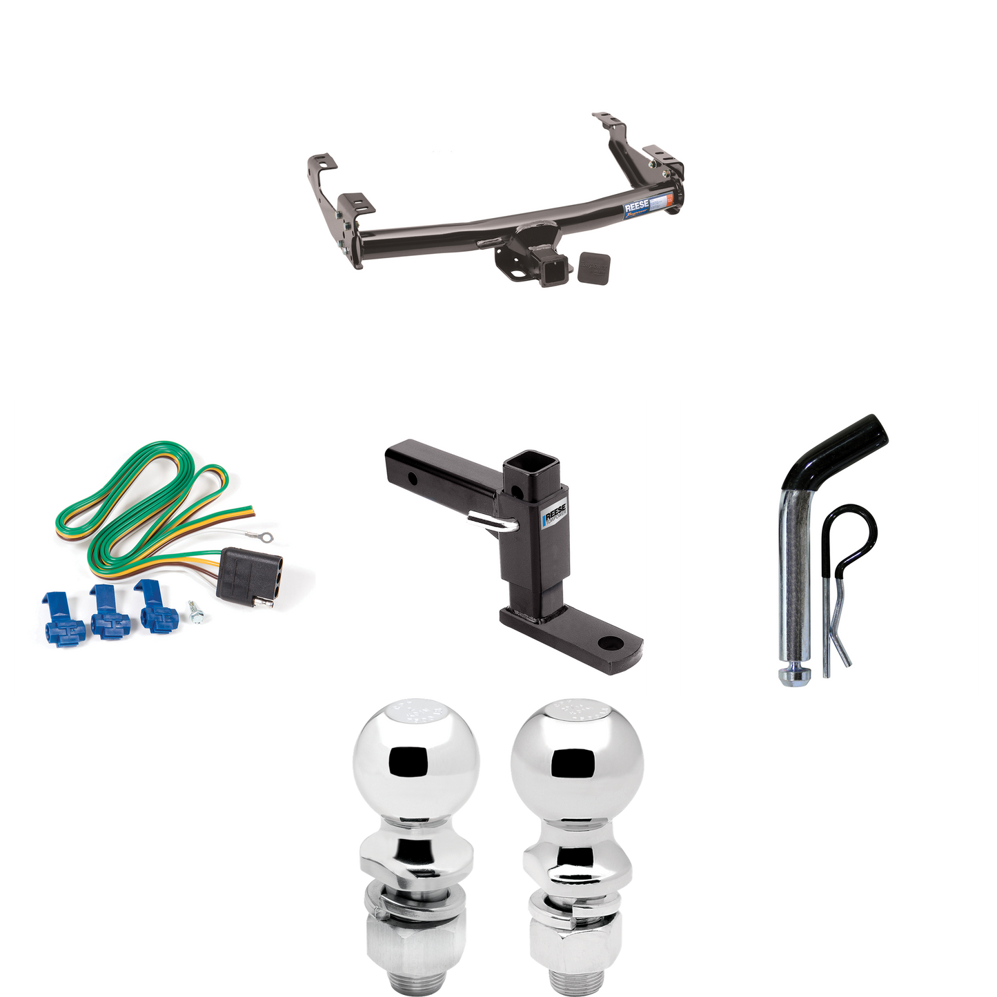 Fits 1992-2000 Chevrolet C1500 Trailer Hitch Tow PKG w/ 4-Flat Wiring + Adjustable Drop Rise Ball Mount + Pin/Clip + 2" Ball + 2-5/16" Ball (For 4 Dr. Crew Cab w/8 ft. Bed Models) By Reese Towpower