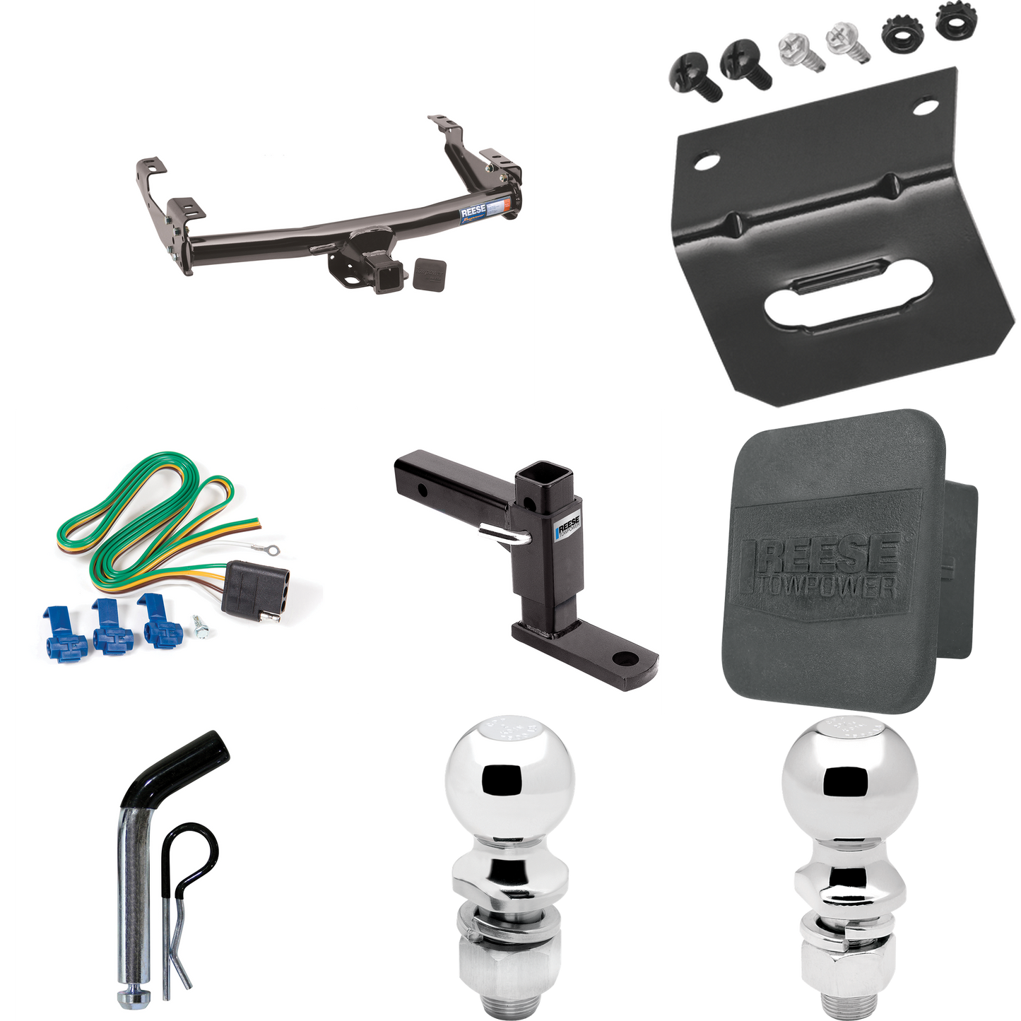 Fits 1988-2000 Chevrolet C15 Trailer Hitch Tow PKG w/ 4-Flat Wiring + Adjustable Drop Rise Ball Mount + Pin/Clip + 2" Ball + 2-5/16" Ball + Wiring Bracket + Hitch Cover (For 2 Dr. Regular & Extended Cabs w/8 ft. Bed Models) By Reese Towpower