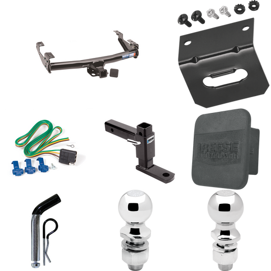 Fits 1981-1993 Dodge D350 Trailer Hitch Tow PKG w/ 4-Flat Wiring + Adjustable Drop Rise Ball Mount + Pin/Clip + 2" Ball + 2-5/16" Ball + Wiring Bracket + Hitch Cover By Reese Towpower