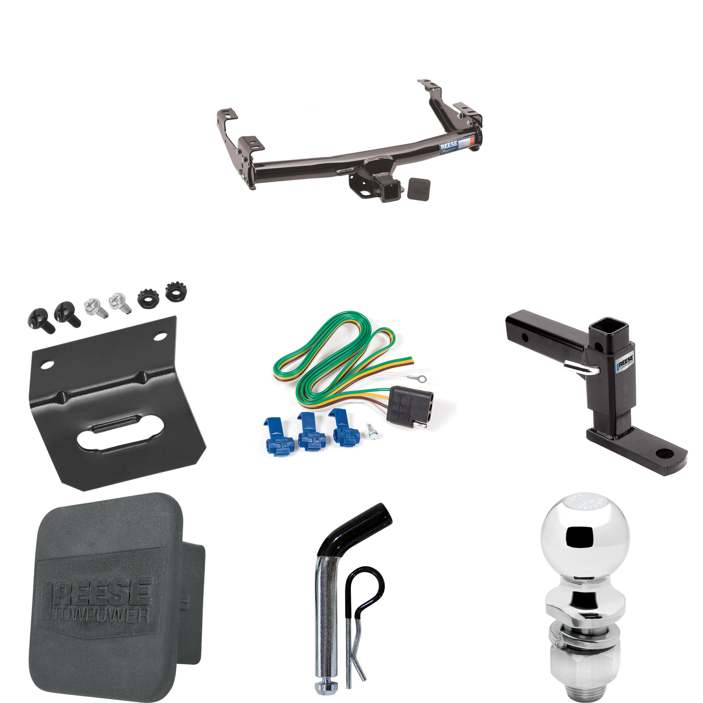 Fits 1988-2000 GMC C2500 Trailer Hitch Tow PKG w/ 4-Flat Wiring + Adjustable Drop Rise Ball Mount + Pin/Clip + 2" Ball + Wiring Bracket + Hitch Cover (For 2 Dr. Regular & Extended Cabs w/6 ft. Bed Models) By Reese Towpower