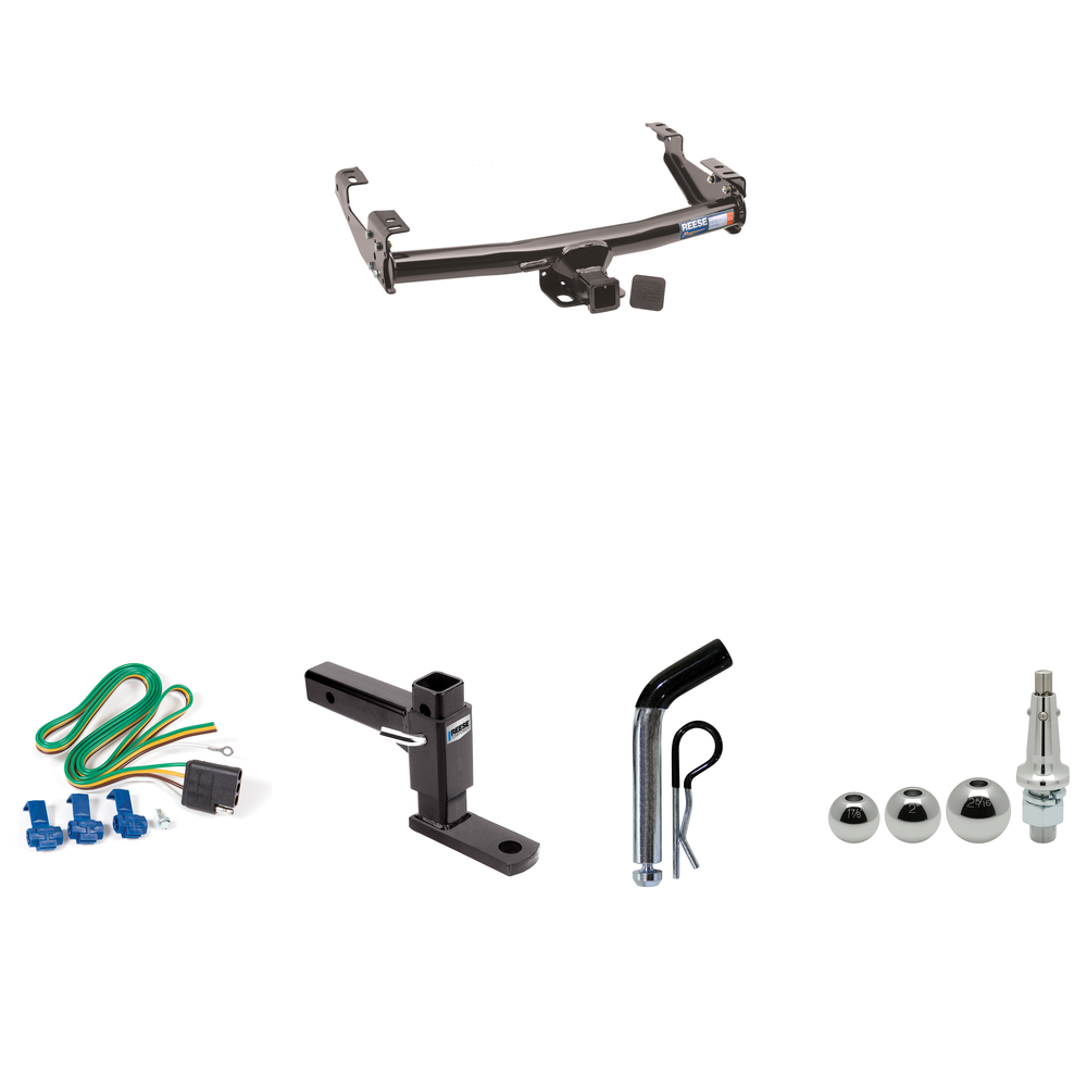 Fits 1992-2000 Chevrolet C35 Trailer Hitch Tow PKG w/ 4-Flat Wiring + Adjustable Drop Rise Ball Mount + Pin/Clip + Inerchangeable 1-7/8" & 2" & 2-5/16" Balls (For 4 Dr. Crew Cab w/8 ft. Bed Models) By Reese Towpower