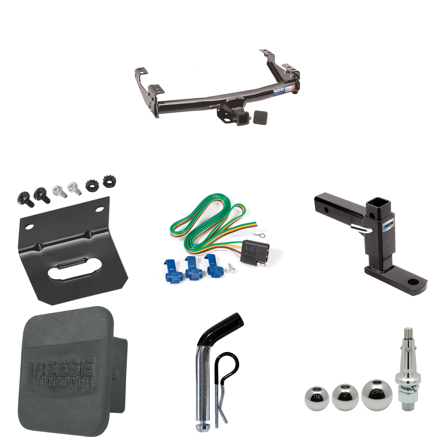 Fits 1988-1999 GMC C1500 Trailer Hitch Tow PKG w/ 4-Flat Wiring + Adjustable Drop Rise Ball Mount + Pin/Clip + Inerchangeable 1-7/8" & 2" & 2-5/16" Balls + Wiring Bracket + Hitch Cover (For 2 Dr. Regular & Extended Cabs w/6 ft. Bed Models) By Reese T