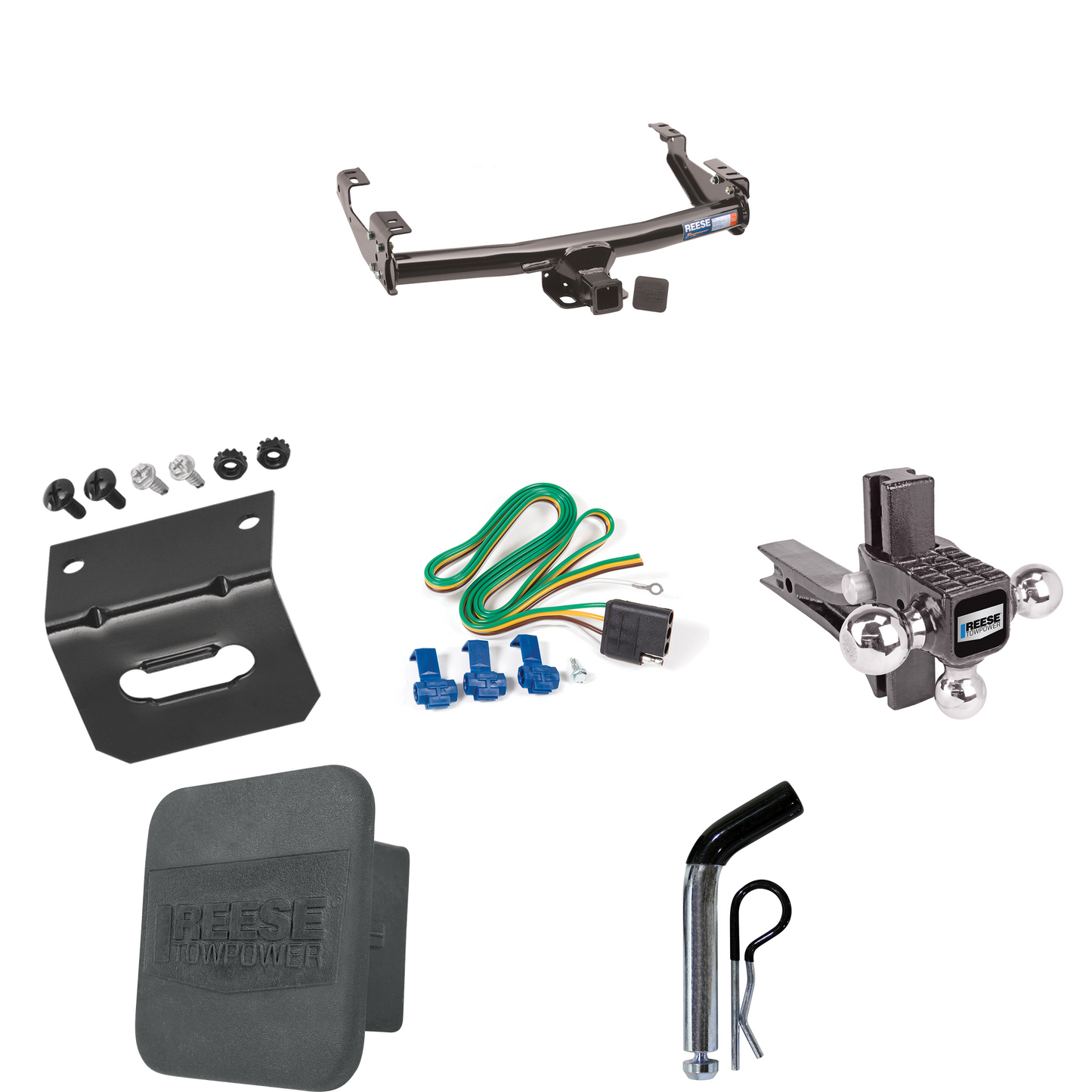 Fits 1992-2000 Chevrolet K3500 Trailer Hitch Tow PKG w/ 4-Flat Wiring + Adjustable Drop Rise Triple Ball Ball Mount 1-7/8" & 2" & 2-5/16" Trailer Balls + Pin/Clip + Wiring Bracket + Hitch Cover (For 4 Dr. Crew Cab w/8 ft. Bed Models) By Reese Towpowe