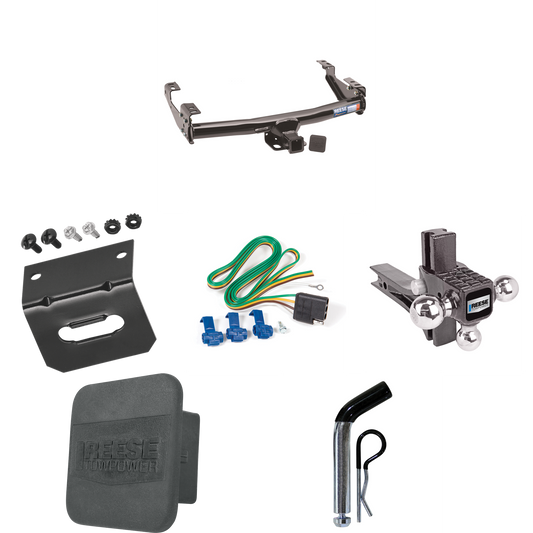 Fits 1992-2000 Chevrolet K3500 Trailer Hitch Tow PKG w/ 4-Flat Wiring + Adjustable Drop Rise Triple Ball Ball Mount 1-7/8" & 2" & 2-5/16" Trailer Balls + Pin/Clip + Wiring Bracket + Hitch Cover (For 4 Dr. Crew Cab w/8 ft. Bed Models) By Reese Towpowe