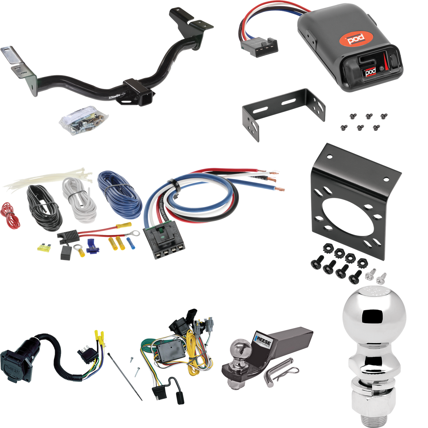 Se adapta al paquete de enganche de remolque Ford Escape 2001-2003 con control de freno POD serie Pro + adaptador de cableado BC genérico + cableado RV de 7 vías + soporte de bola y caída de 2" y 2-5/16" de Draw-Tite