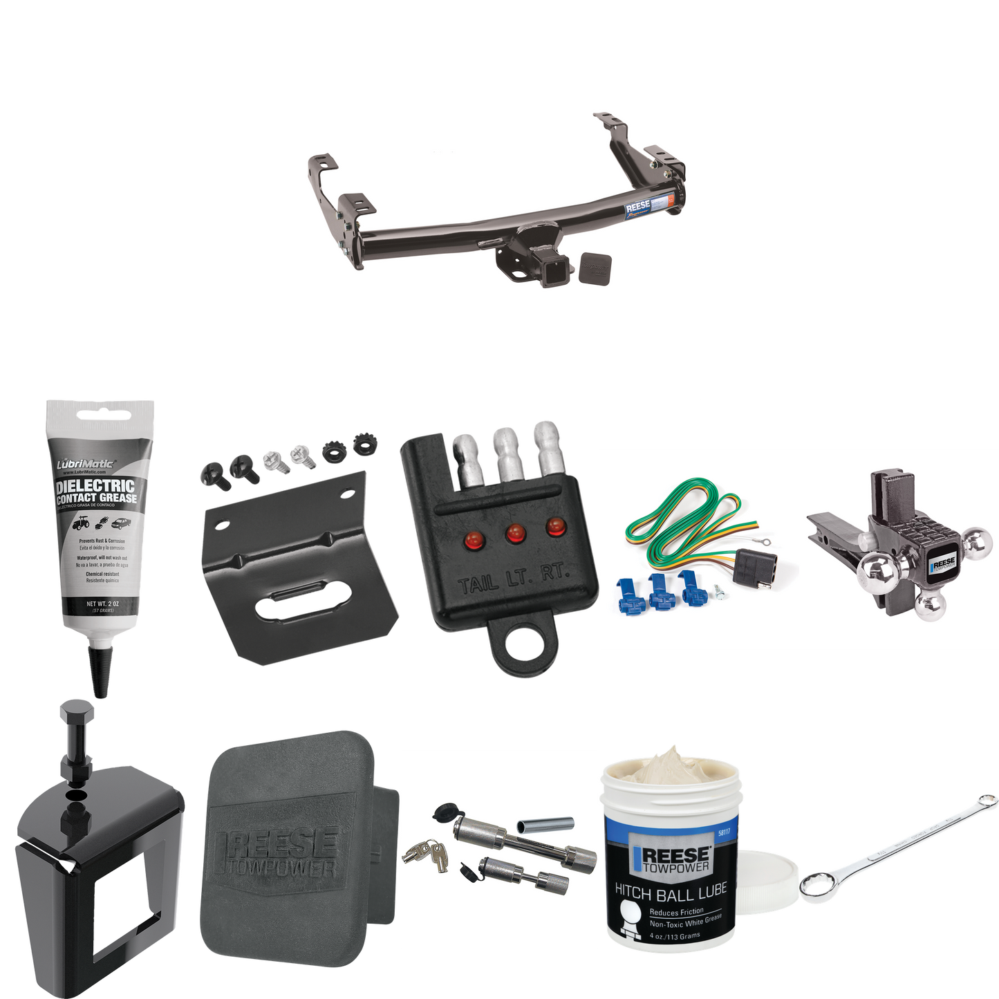 Fits 1992-1999 Chevrolet K1500 Trailer Hitch Tow PKG w/ 4-Flat Wiring + Adjustable Drop Rise Triple Ball Ball Mount 1-7/8" & 2" & 2-5/16" Trailer Balls + Wiring Bracket + Hitch Cover + Dual Hitch & Coupler Locks + Wiring Tester + Ball Lube + Electric