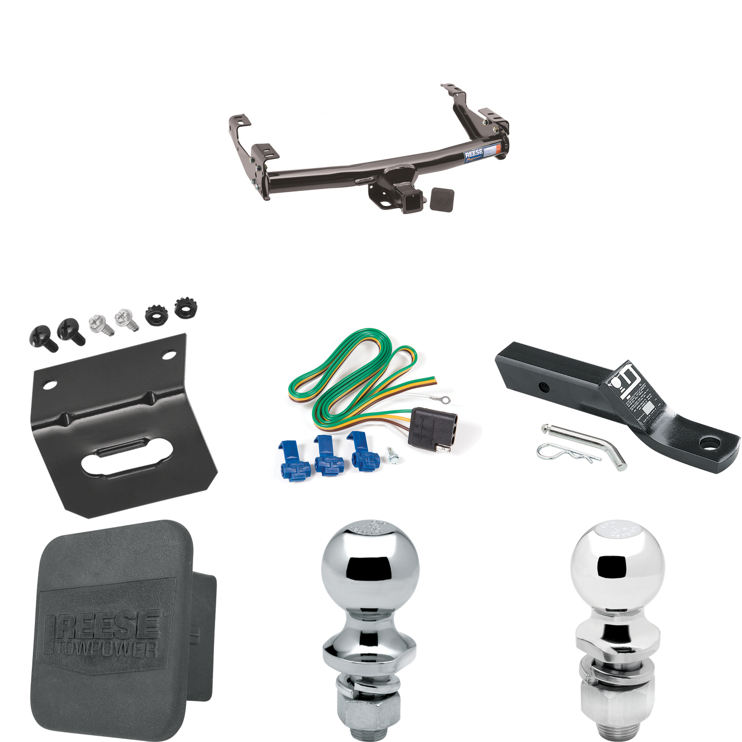 Fits 1981-1993 Dodge W250 Trailer Hitch Tow PKG w/ 4-Flat Wiring + Ball Mount w/ 2" Drop & 2" Ball + 1-7/8" Ball + Wiring Bracket + Hitch Cover By Reese Towpower