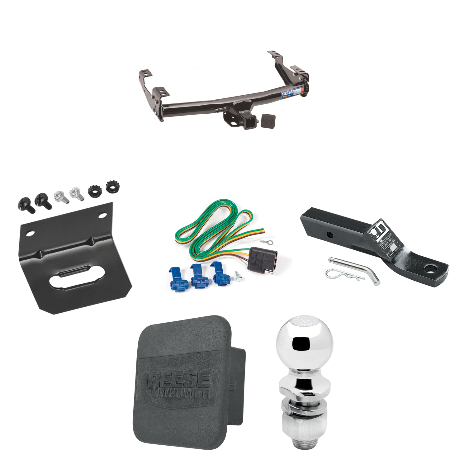 Fits 1992-2000 GMC K3500 Trailer Hitch Tow PKG w/ 4-Flat Wiring + Ball Mount w/ 2" Drop & 2" Ball + Wiring Bracket + Hitch Cover (For 4 Dr. Crew Cab w/8 ft. Bed Models) By Reese Towpower