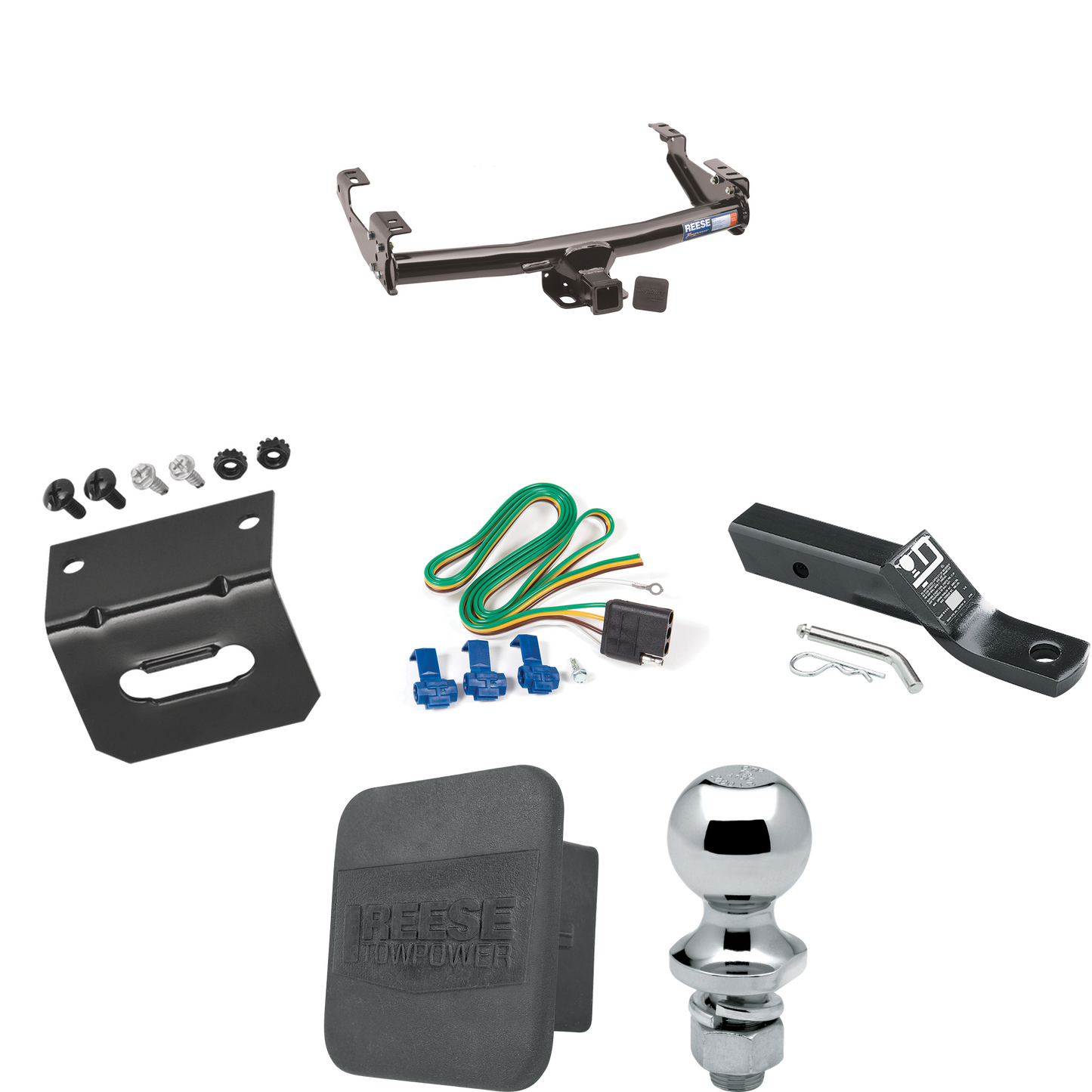 Fits 1992-1999 GMC C1500 Trailer Hitch Tow PKG w/ 4-Flat Wiring + Ball Mount w/ 2" Drop + 1-7/8" Ball + Wiring Bracket + Hitch Cover (For 4 Dr. Crew Cab w/8 ft. Bed Models) By Reese Towpower