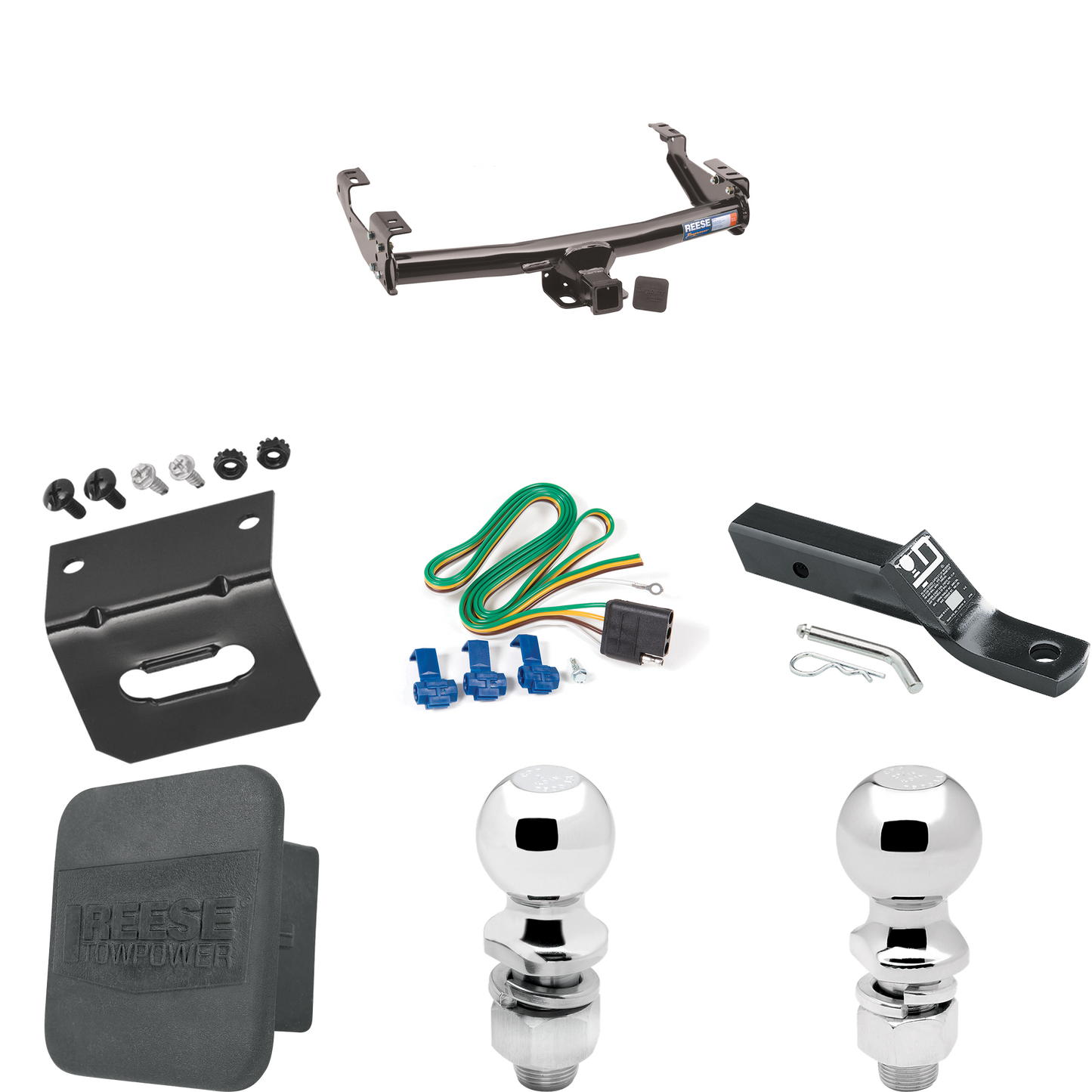 Fits 1992-1999 Chevrolet K1500 Trailer Hitch Tow PKG w/ 4-Flat Wiring + Ball Mount w/ 2" Drop + 2" Ball + 2-5/16" Ball + Wiring Bracket + Hitch Cover (For 4 Dr. Crew Cab w/8 ft. Bed Models) By Reese Towpower