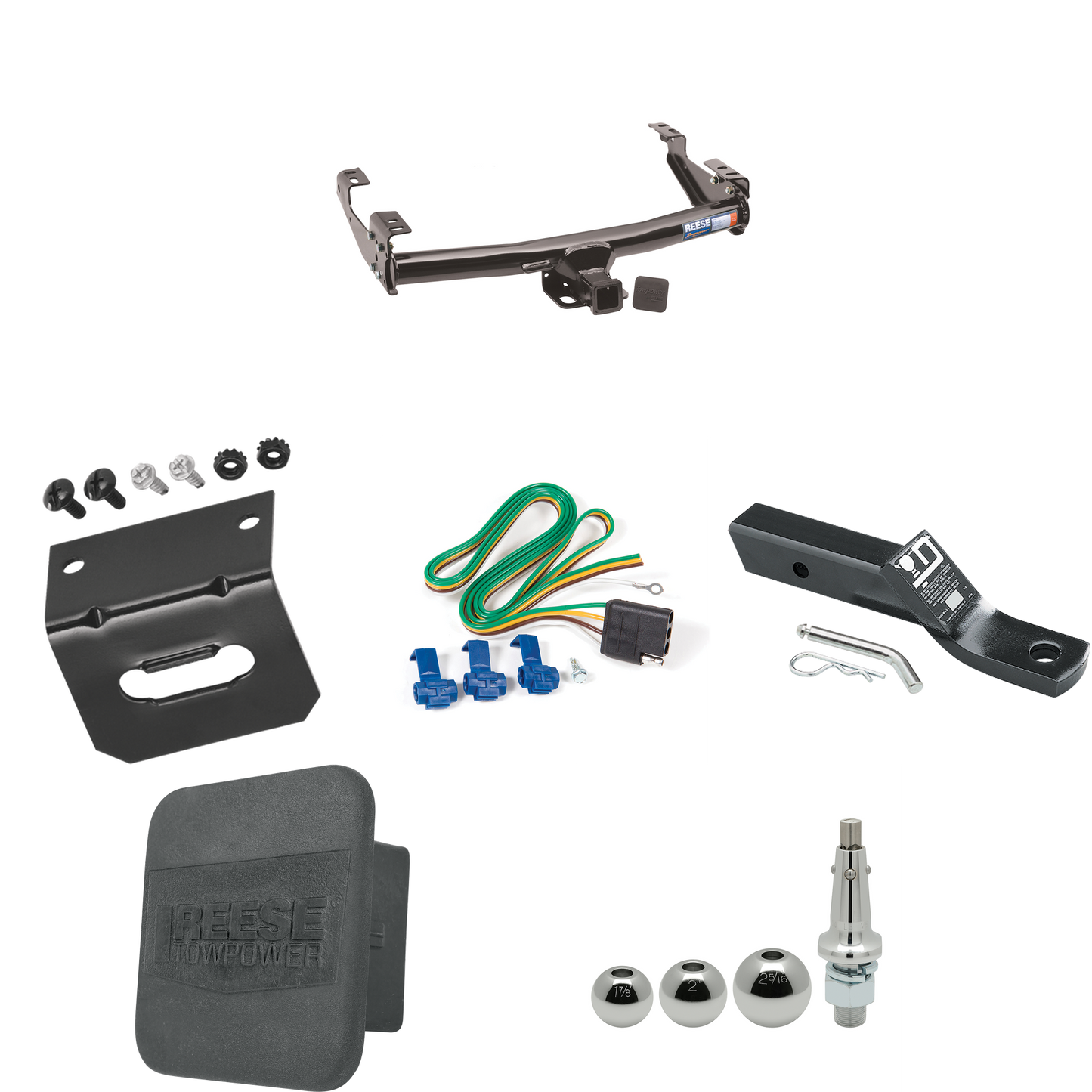 Fits 1971-1981 Dodge D100 Trailer Hitch Tow PKG w/ 4-Flat Wiring + Ball Mount w/ 2" Drop + Interchangeable Ball 1-7/8" & 2" & 2-5/16" + Wiring Bracket + Hitch Cover By Reese Towpower