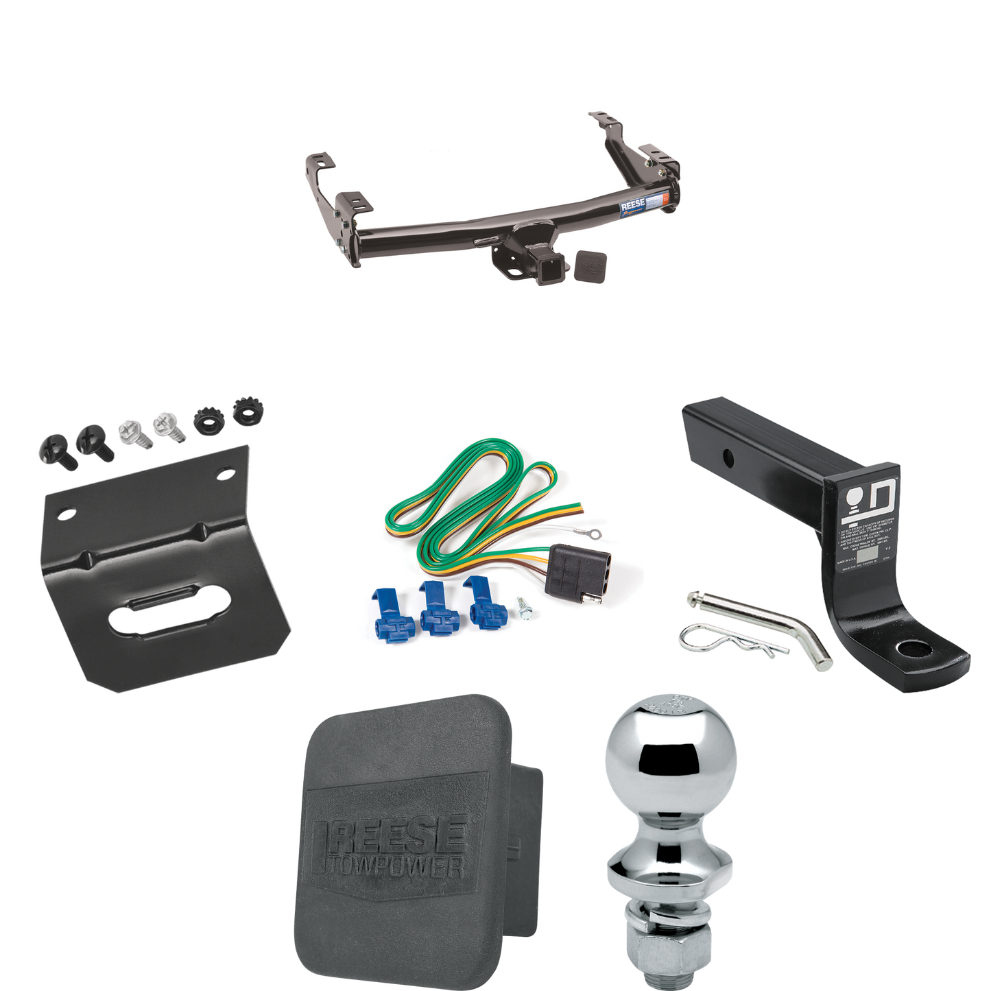 Fits 1999-2004 Ford F-250 Super Duty Trailer Hitch Tow PKG w/ 4-Flat Wiring + Ball Mount w/ 4" Drop + 1-7/8" Ball + Wiring Bracket + Hitch Cover (Excludes: Cab & Chassis Models) By Reese Towpower