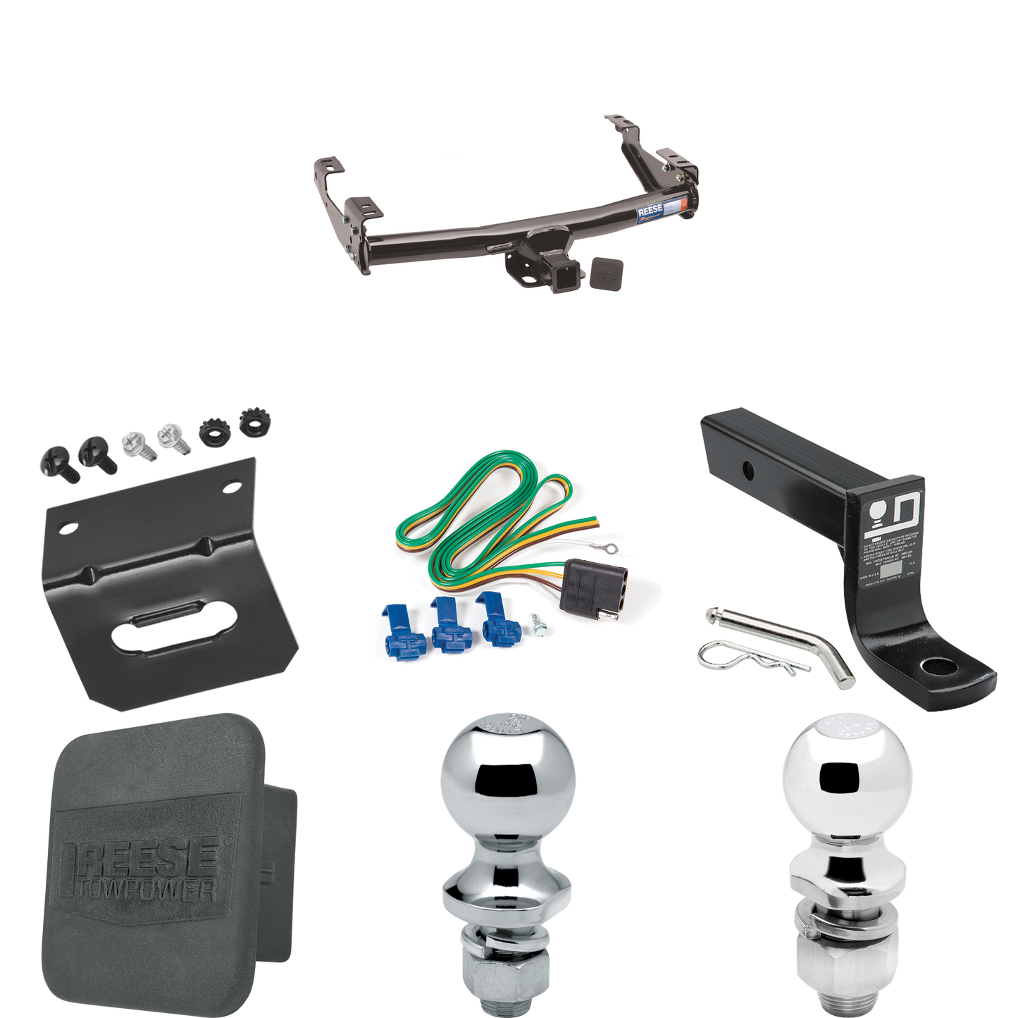 Fits 1992-2000 Chevrolet C3500 Trailer Hitch Tow PKG w/ 4-Flat Wiring + Ball Mount w/ 4" Drop + 2" Ball + 1-7/8" Ball + Wiring Bracket + Hitch Cover (For 4 Dr. Crew Cab w/8 ft. Bed Models) By Reese Towpower