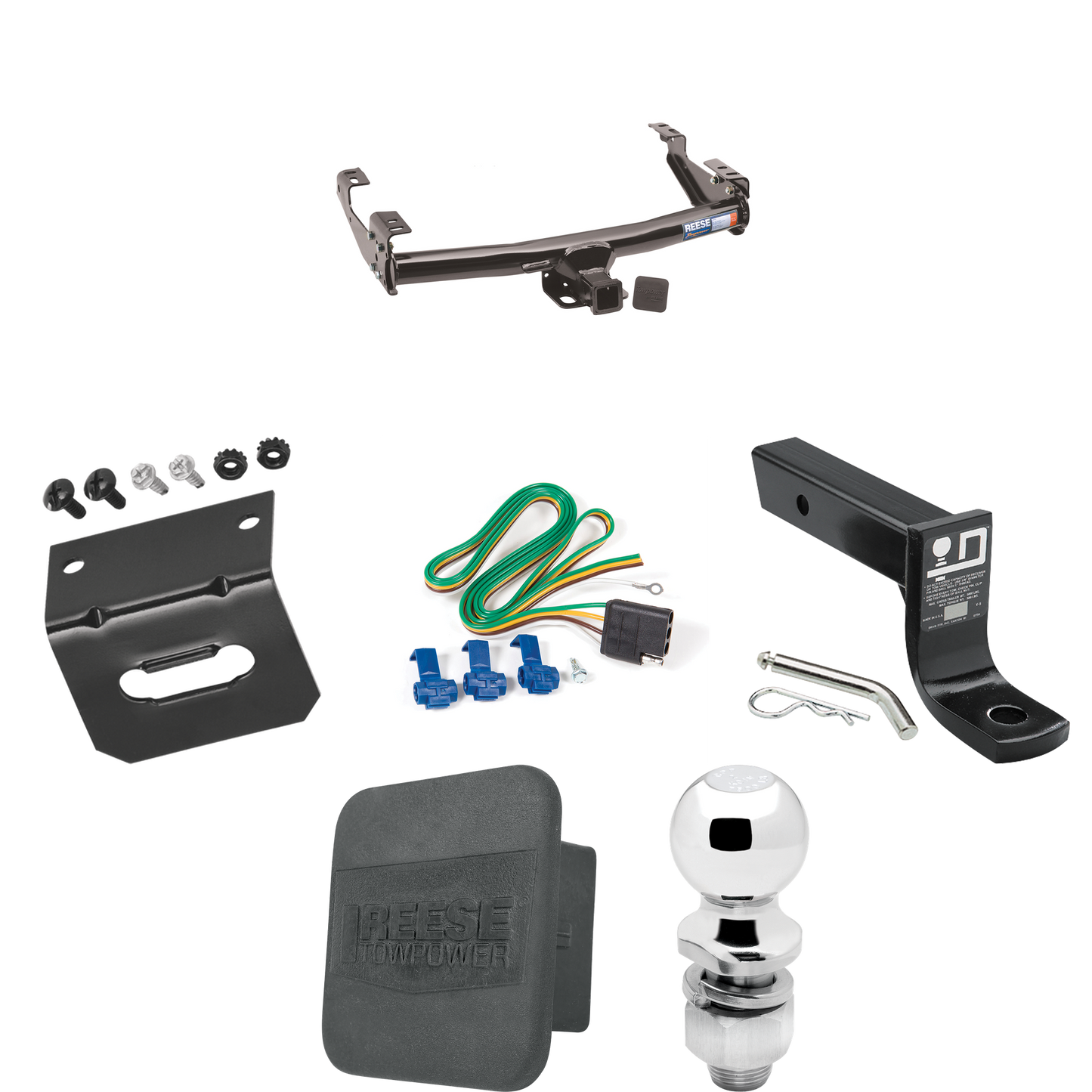 Fits 1992-1999 GMC C1500 Trailer Hitch Tow PKG w/ 4-Flat Wiring + Ball Mount w/ 4" Drop + 2" Ball + Wiring Bracket + Hitch Cover (For 4 Dr. Crew Cab w/8 ft. Bed Models) By Reese Towpower