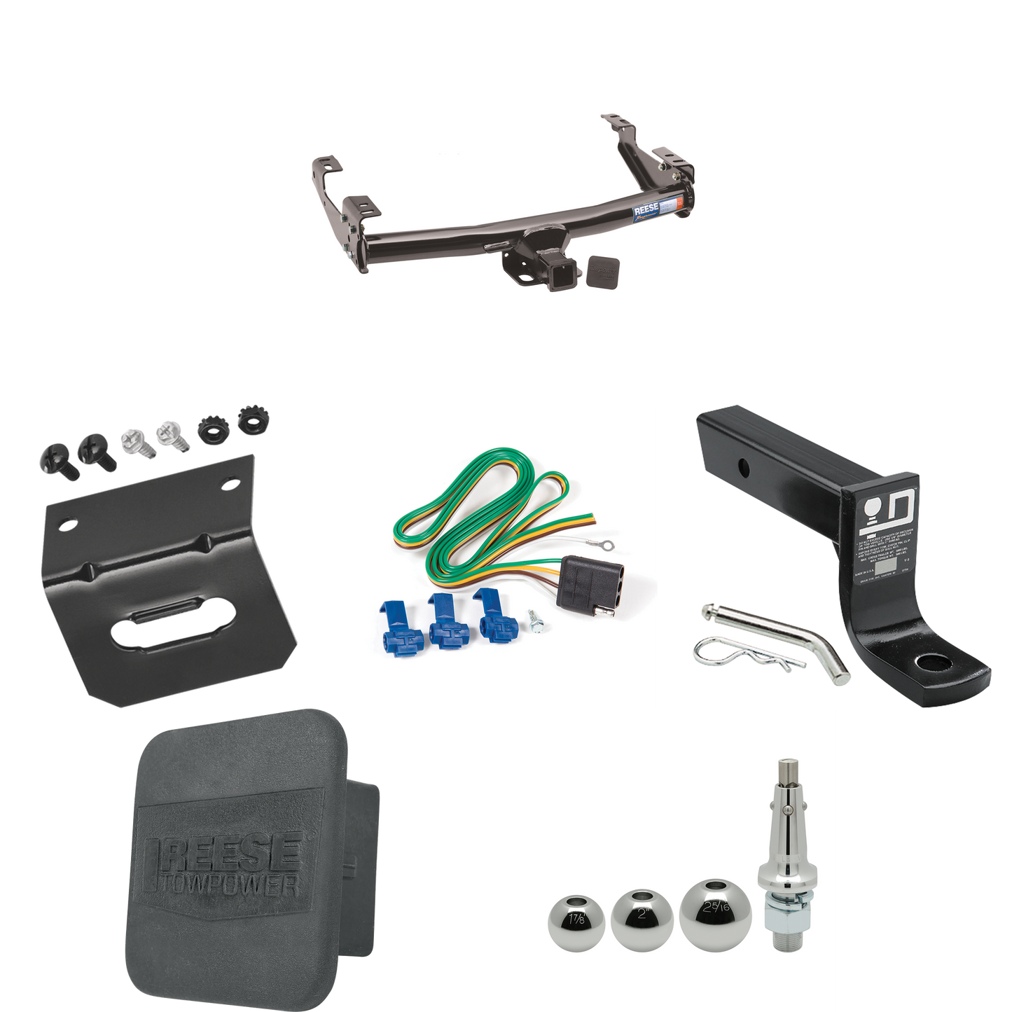 Fits 1992-2000 Chevrolet C3500HD Trailer Hitch Tow PKG w/ 4-Flat Wiring + Ball Mount w/ 4" Drop + Interchangeable Ball 1-7/8" & 2" & 2-5/16" + Wiring Bracket + Hitch Cover (For 4 Dr. Crew Cab w/8 ft. Bed Models) By Reese Towpower