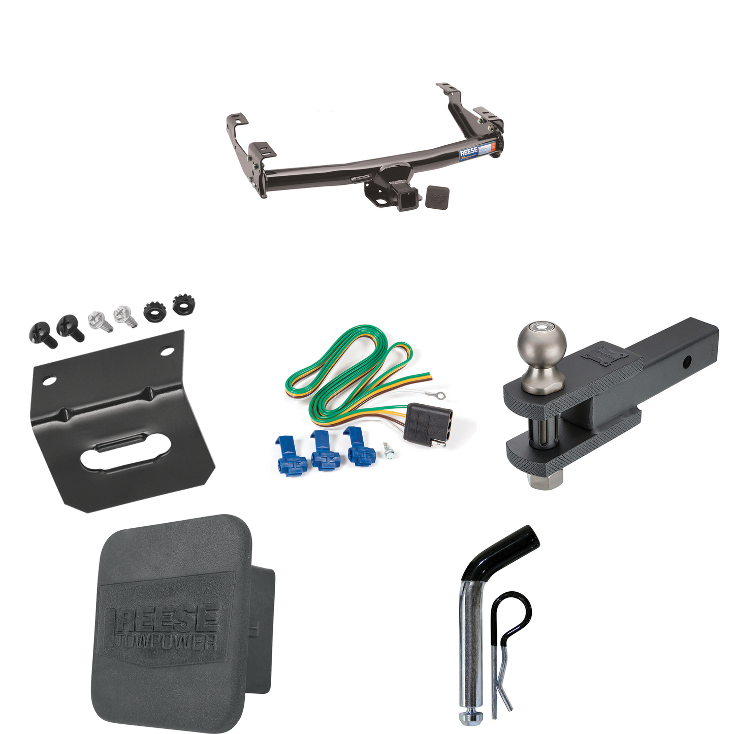 Fits 1991-2000 Chevrolet C3500HD Trailer Hitch Tow PKG w/ 4-Flat Wiring + Clevis Hitch Ball Mount w/ 2" Ball + Pin/Clip + Wiring Bracket + Hitch Cover (For 2 Dr. Regular & Extended Cabs w/6 ft. Bed Models) By Reese Towpower