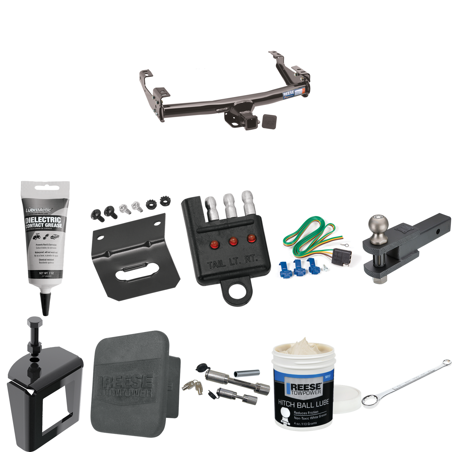 Fits 1999-2004 Ford F-350 Super Duty Trailer Hitch Tow PKG w/ 4-Flat Wiring + Clevis Hitch Ball Mount w/ 2" Ball + Wiring Bracket + Hitch Cover + Dual Hitch & Coupler Locks + Wiring Tester + Ball Lube + Electric Grease + Ball Wrench + Anti Rattle Dev