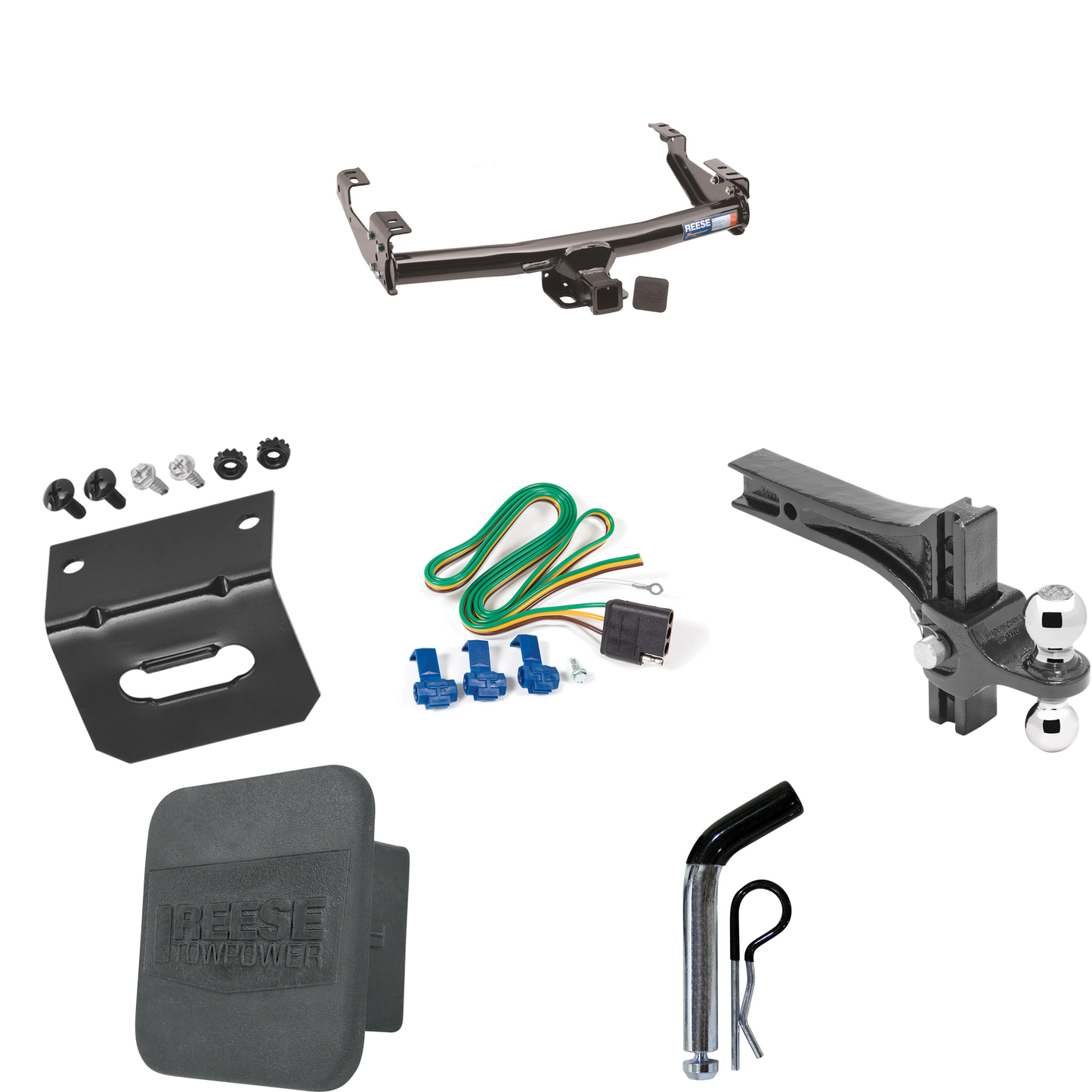 Fits 1994-1994 Dodge Ram 1500 Trailer Hitch Tow PKG w/ 4-Flat Wiring + Dual Adjustable Drop Rise Ball Ball Mount 2" & 2-5/16" Trailer Balls + Pin/Clip + Wiring Bracket + Hitch Cover By Reese Towpower