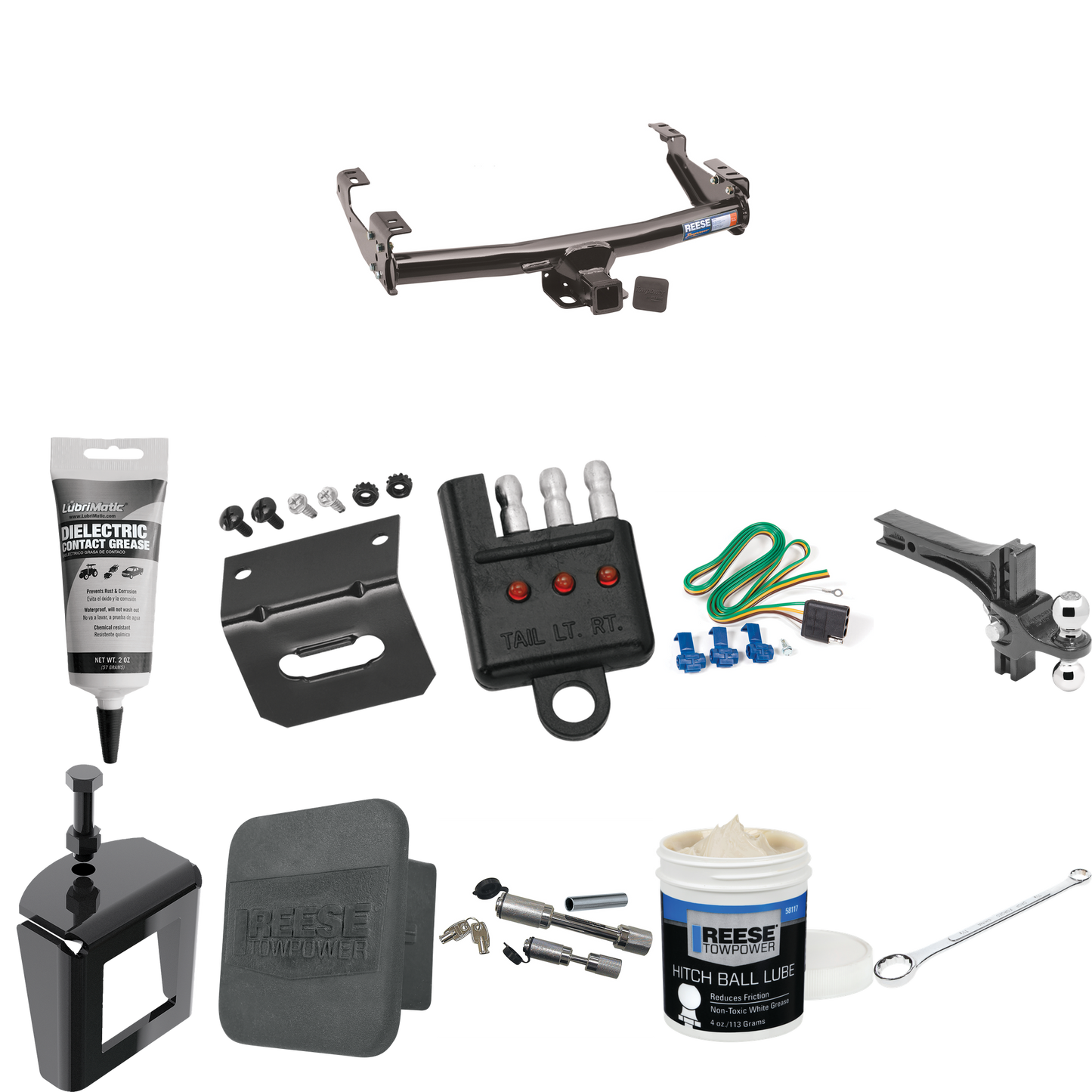 Fits 1992-2000 Chevrolet C1500 Trailer Hitch Tow PKG w/ 4-Flat Wiring + Dual Adjustable Drop Rise Ball Ball Mount 2" & 2-5/16" Trailer Balls + Wiring Bracket + Hitch Cover + Dual Hitch & Coupler Locks + Wiring Tester + Ball Lube + Electric Grease + B