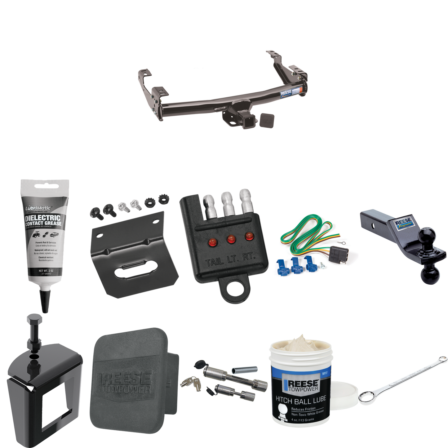 Fits 1992-2000 GMC K2500 Trailer Hitch Tow PKG w/ 4-Flat Wiring + Dual Ball Ball Mount 1-7/8" & 2" Trailer Balls + Wiring Bracket + Hitch Cover + Dual Hitch & Coupler Locks + Wiring Tester + Ball Lube + Electric Grease + Ball Wrench + Anti Rattle Dev