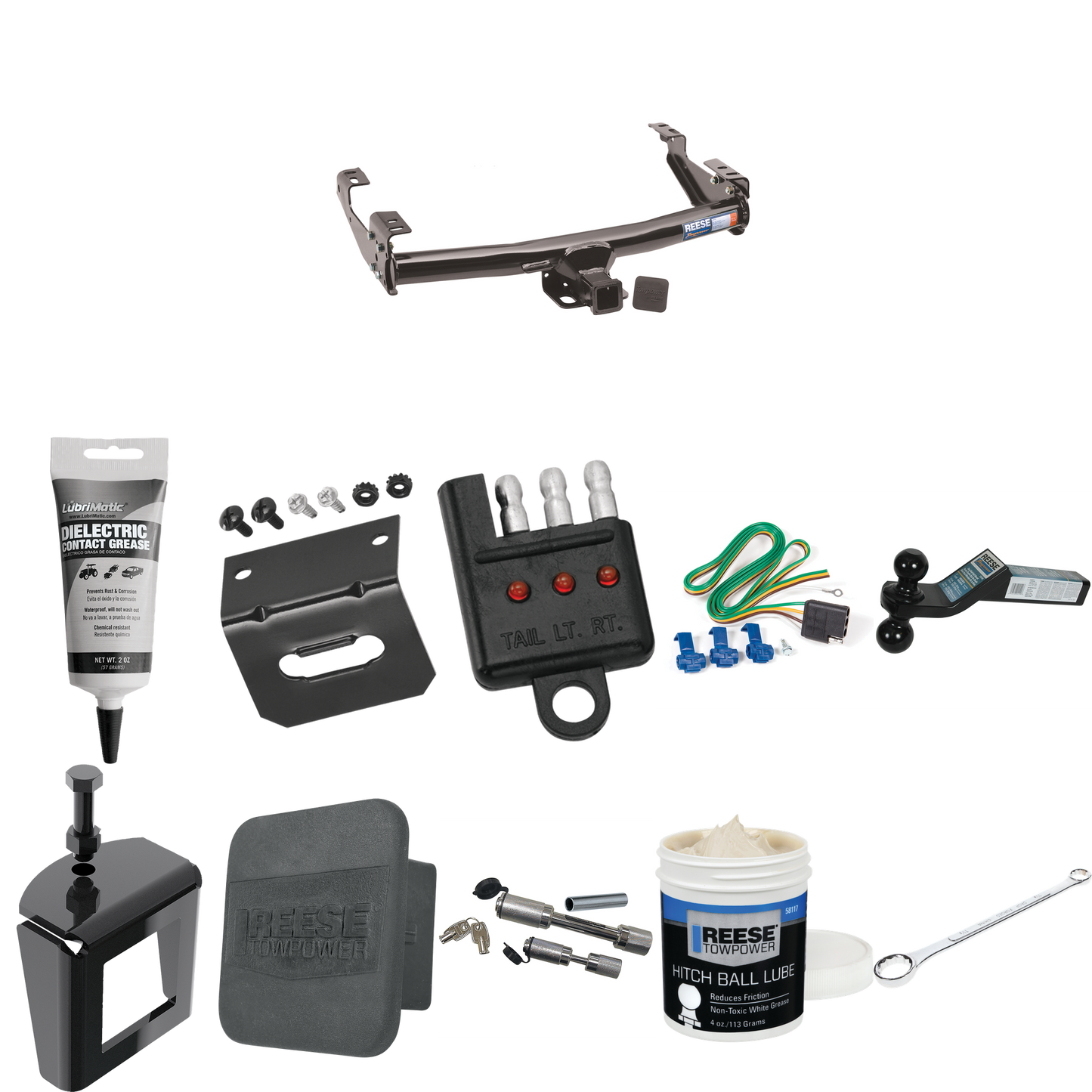 Fits 1992-2000 GMC C3500 Trailer Hitch Tow PKG w/ 4-Flat Wiring + Dual Ball Ball Mount 2" & 2-5/16" Trailer Balls + Wiring Bracket + Hitch Cover + Dual Hitch & Coupler Locks + Wiring Tester + Ball Lube + Electric Grease + Ball Wrench + Anti Rattle De