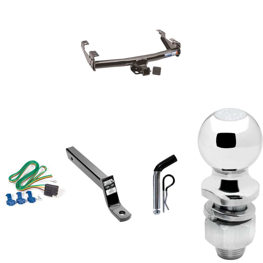 Fits 1988-1999 GMC K1500 Trailer Hitch Tow PKG w/ 4-Flat Wiring + Extended 16" Long Ball Mount w/ 4" Drop + Pin/Clip + 2" Ball (For 2 Dr. Regular & Extended Cabs w/8 ft. Bed Models) By Reese Towpower