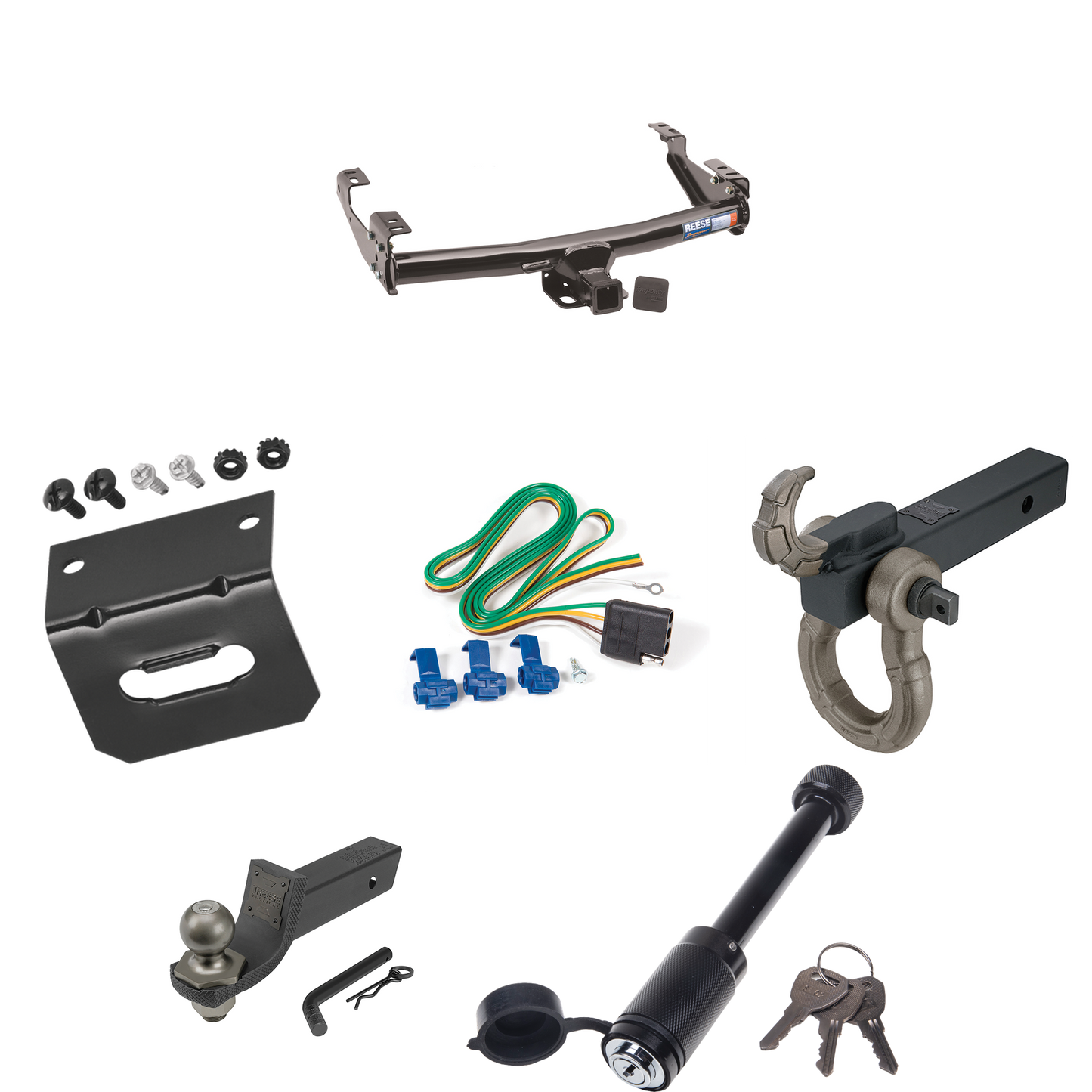 Fits 1992-1999 GMC C1500 Trailer Hitch Tow PKG w/ 4-Flat Wiring + Interlock Tactical Starter Kit w/ 2" Drop & 2" Ball + Tactical Hook & Shackle Mount + Tactical Dogbone Lock + Wiring Bracket (For 4 Dr. Crew Cab w/8 ft. Bed Models) By Reese Towpower