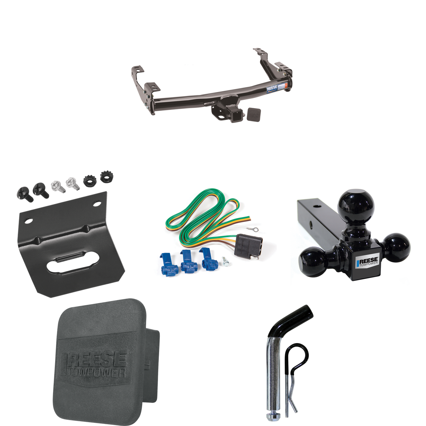 Fits 1992-2000 GMC K2500 Trailer Hitch Tow PKG w/ 4-Flat Wiring + Triple Ball Ball Mount 1-7/8" & 2" & 2-5/16" Trailer Balls + Pin/Clip + Wiring Bracket + Hitch Cover (For 4 Dr. Crew Cab w/8 ft. Bed Models) By Reese Towpower