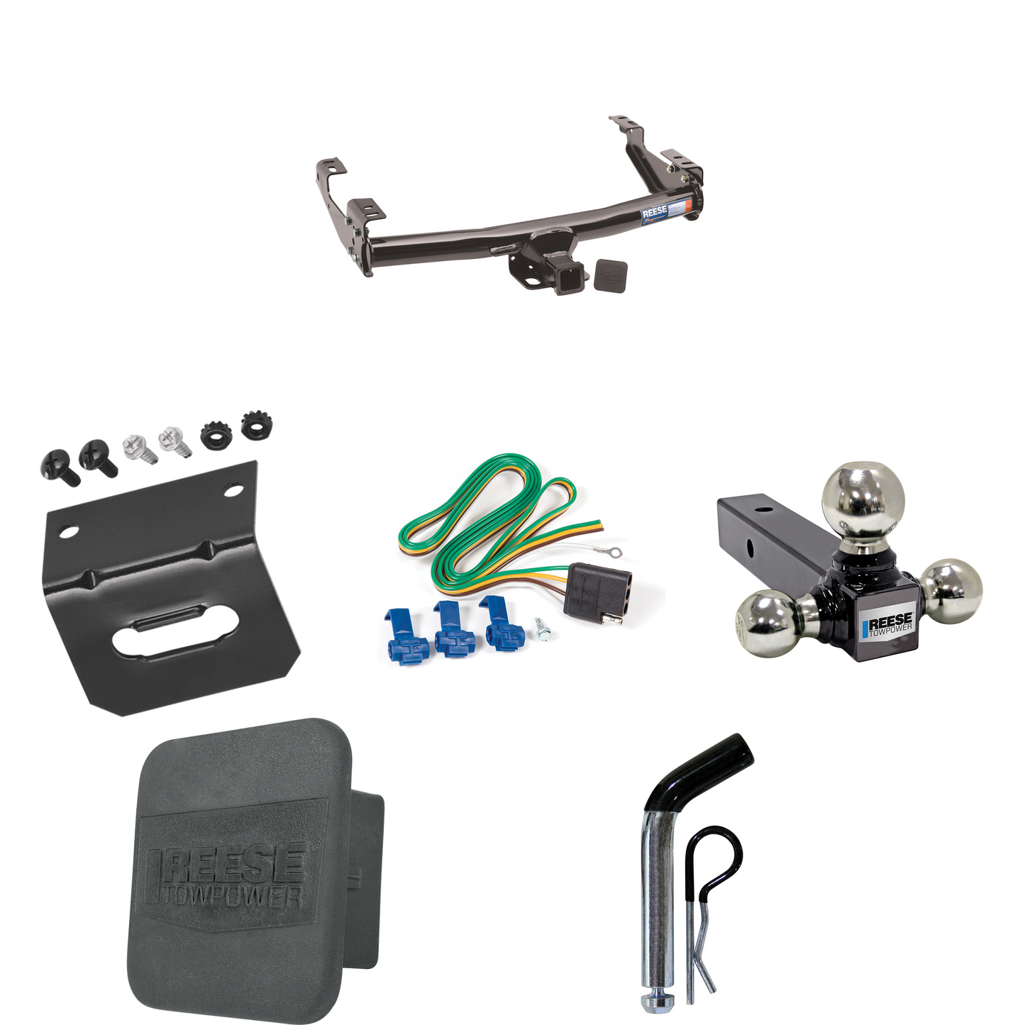 Fits 1981-1993 Dodge W250 Trailer Hitch Tow PKG w/ 4-Flat Wiring + Triple Ball Ball Mount 1-7/8" & 2" & 2-5/16" Trailer Balls + Pin/Clip + Wiring Bracket + Hitch Cover By Reese Towpower