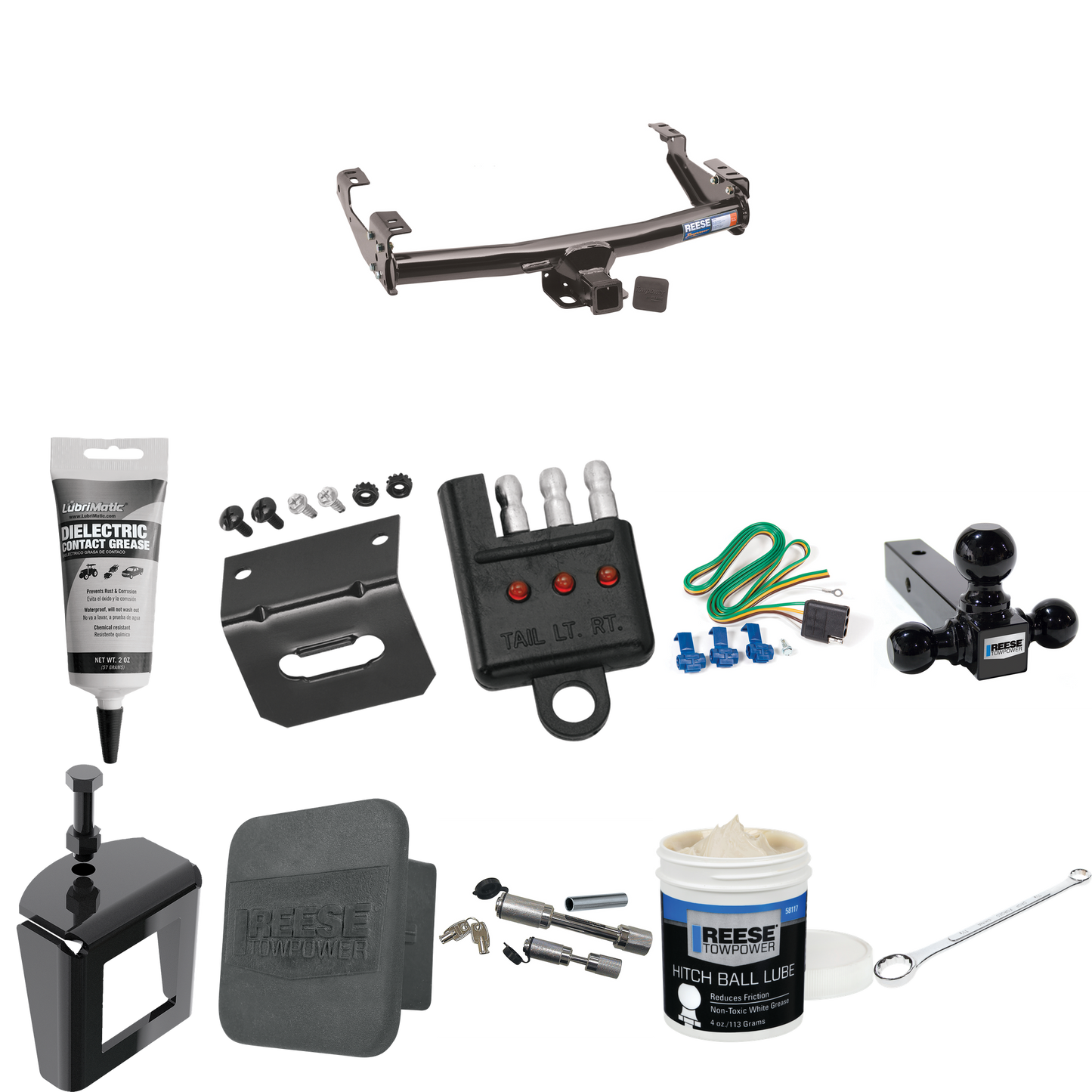 Fits 1978-1981 Dodge D450 Trailer Hitch Tow PKG w/ 4-Flat Wiring + Triple Ball Ball Mount 1-7/8" & 2" & 2-5/16" Trailer Balls + Wiring Bracket + Hitch Cover + Dual Hitch & Coupler Locks + Wiring Tester + Ball Lube + Electric Grease + Ball Wrench + An