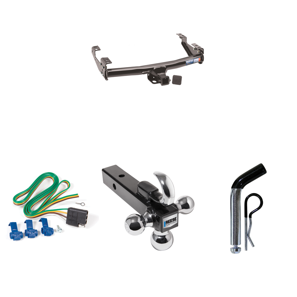 Fits 1992-2000 GMC K3500 Trailer Hitch Tow PKG w/ 4-Flat Wiring + Triple Ball Ball Mount 1-7/8" & 2" & 2-5/16" Trailer Balls w/ Tow Hook + Pin/Clip (For 4 Dr. Crew Cab w/8 ft. Bed Models) By Reese Towpower