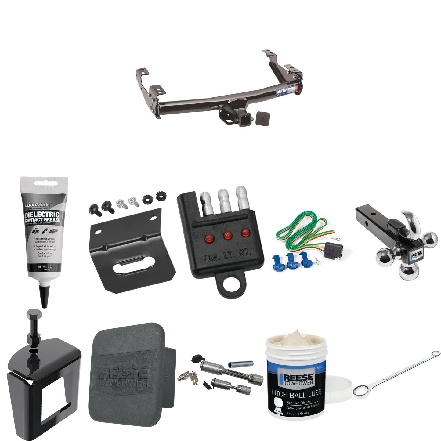 Fits 1991-2000 Chevrolet C3500HD Trailer Hitch Tow PKG w/ 4-Flat Wiring + Triple Ball Ball Mount 1-7/8" & 2" & 2-5/16" Trailer Balls w/ Tow Hook + Wiring Bracket + Hitch Cover + Dual Hitch & Coupler Locks + Wiring Tester + Ball Lube + Electric Grease